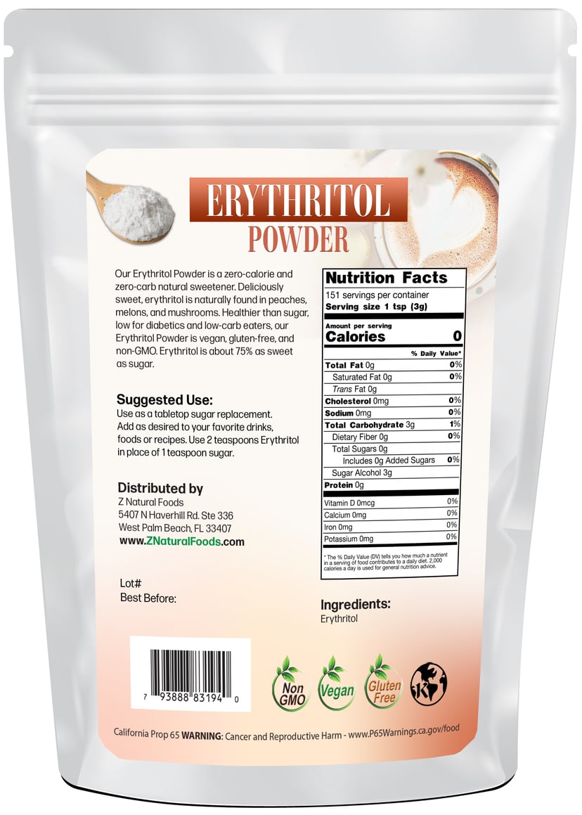 Photo of the back of 1 lb bag of Erythritol Powder