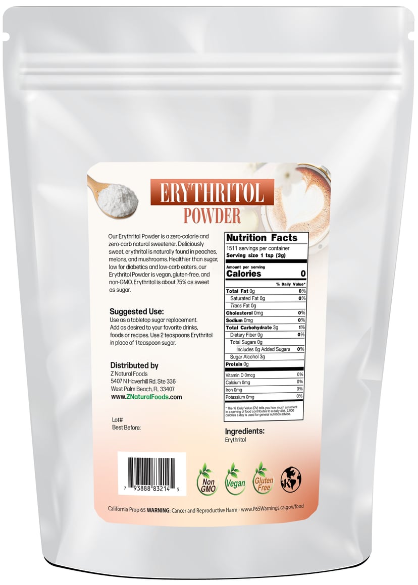 Photo of the back of 10 lb bag of Erythritol Powder