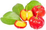 Image of 2 fresh red ripe Acerola Cherries and one cut in half