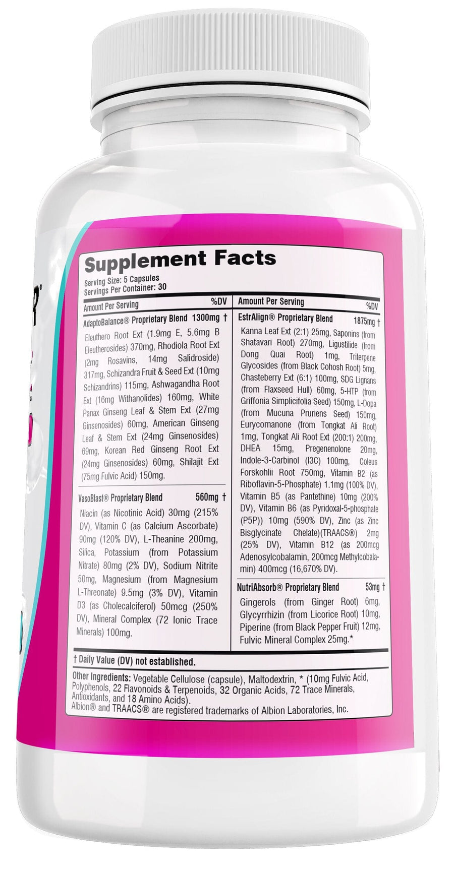 Photo of bottle of EmpowHER showing Supplement Facts panel - Ultimate Women's Health Formula Tonics Lean Factor - 150 capsules per bottle