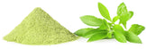 Image of Stevia Leaf Powder in a pile and fresh stevia leaves next to it