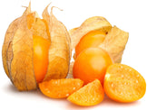 Image of whole golden berries with sliced and quartered golden berries in front