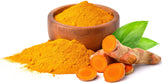 Image of turmeric root powder a wooden bowl and fresh Turmeric Root