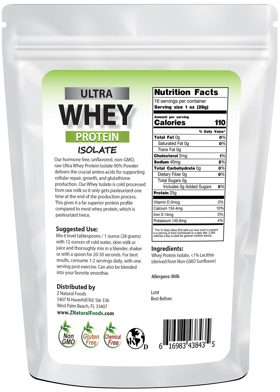 Back of the bag image of Ultra Whey Protein Isolate from Z Natural Foods 1 lb
