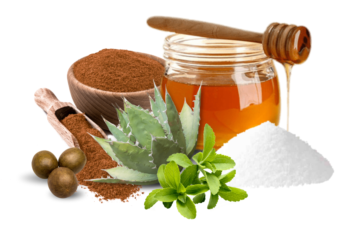 Various natural sweeteners including Monk fruit, Agave, Stevia leaf, and honey.