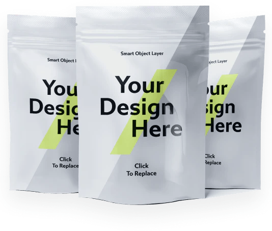 Photo of 3 white pouches that can be Custom designed your own labels and designs for your powders