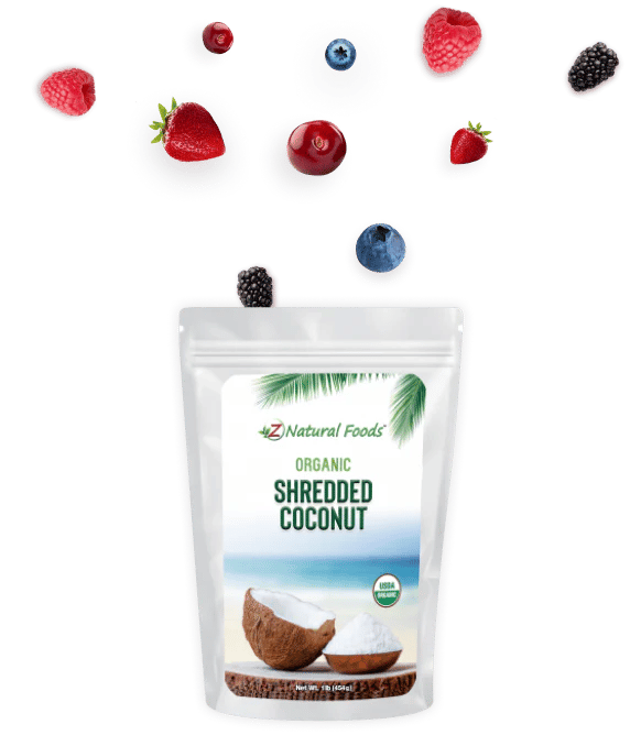 Photo of bag of Organic Shredded Coconut with fresh berries coming out of the top
