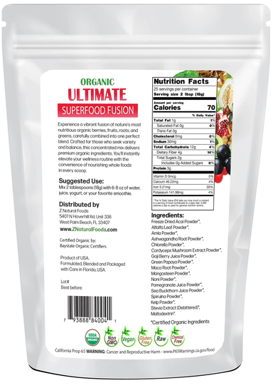 Back of the bag image of Organic Ultimate Superfood Fusion 1 lb 
