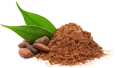 Cacao Powder with beans and green leaf's on white  background