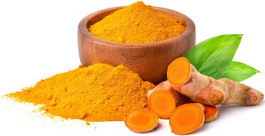 Image of turmeric root powder a wooden bowl and fresh Turmeric Root