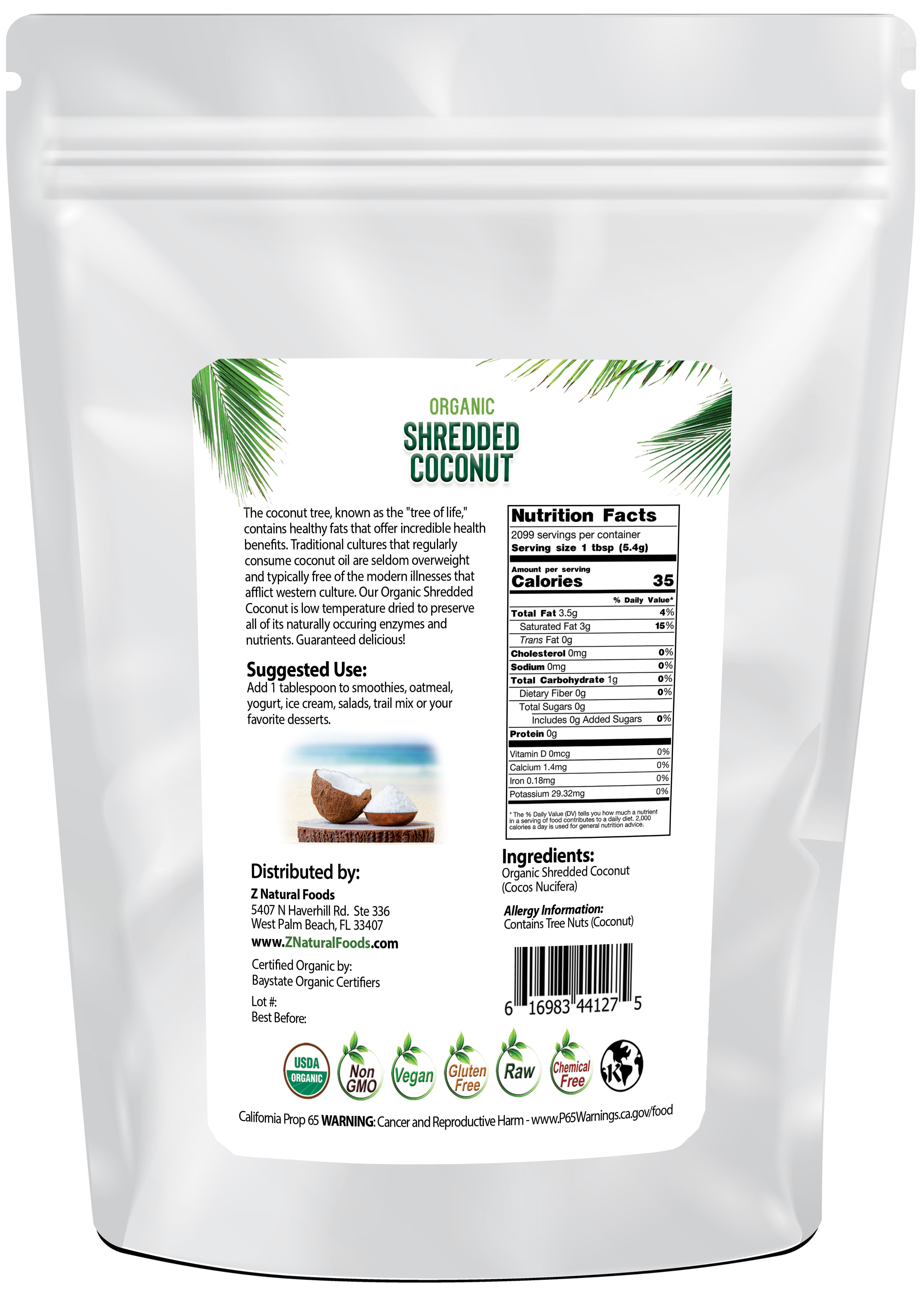 Back of the bag image of Coconut - Shredded, Raw Organic 25 lb
