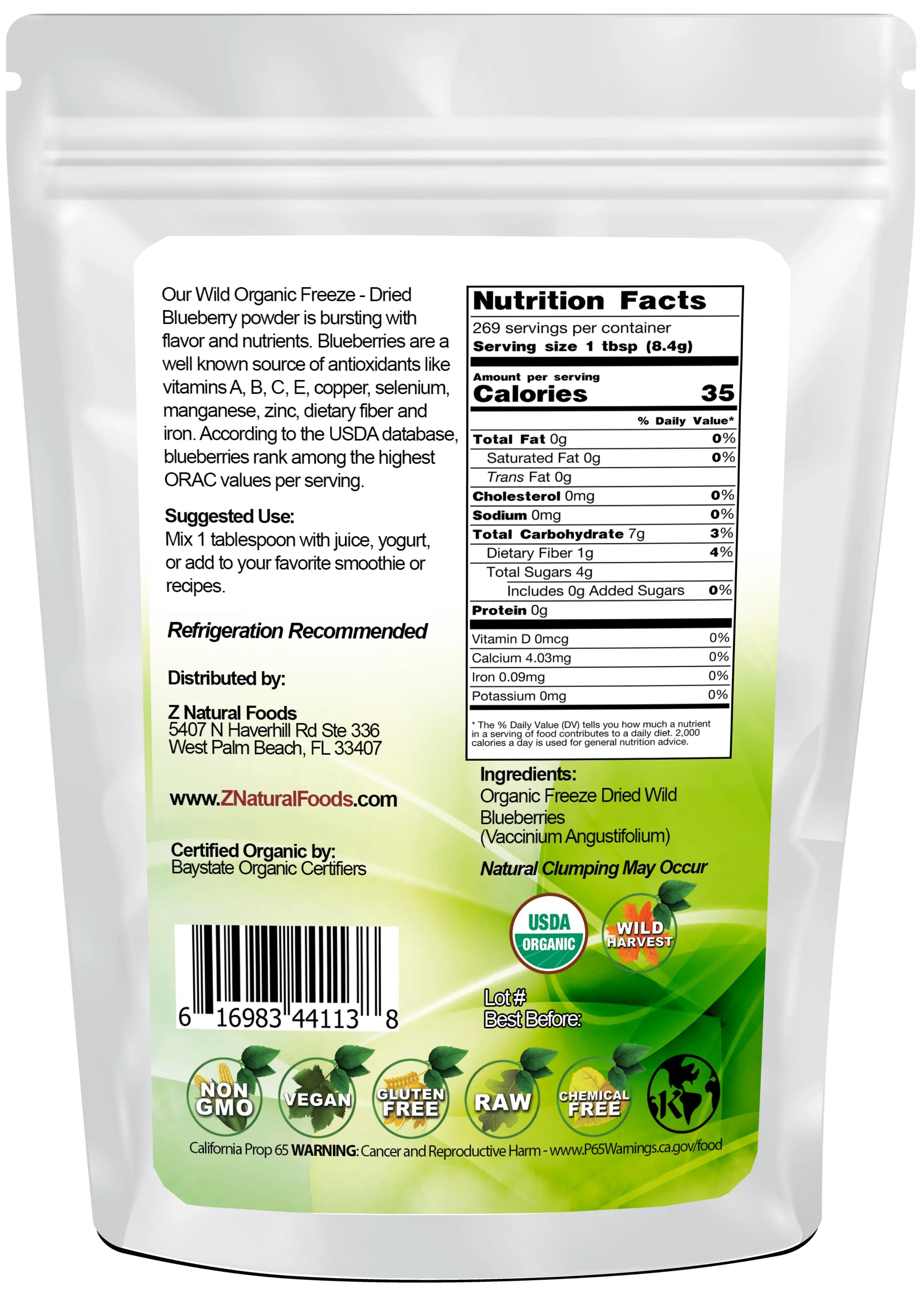 Back of the bag image of Blueberry Powder - Organic Freeze Dried - (Wild) 5 lb