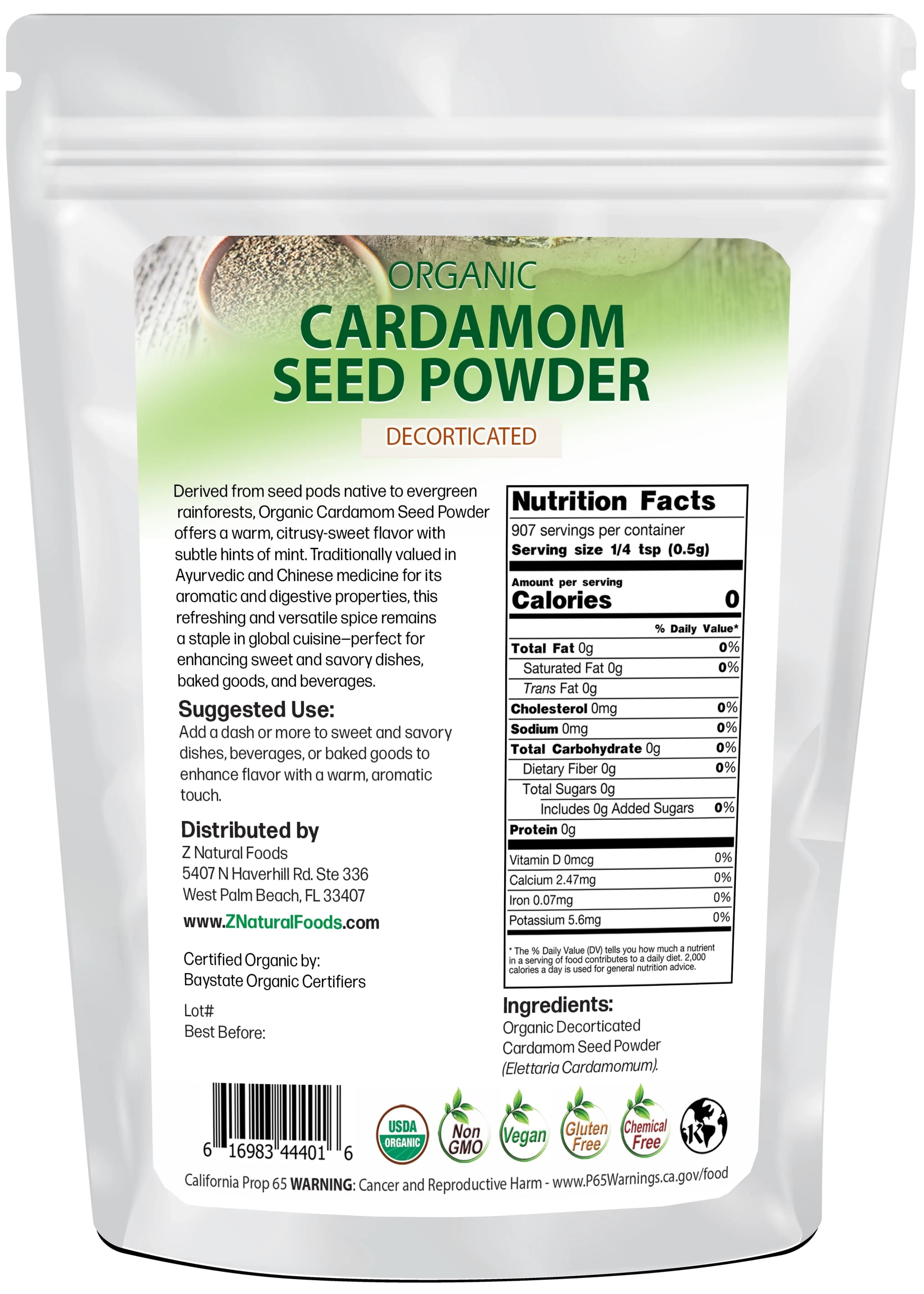 Back of the bag 1 lb image of Cardamom Seed Powder - Organic