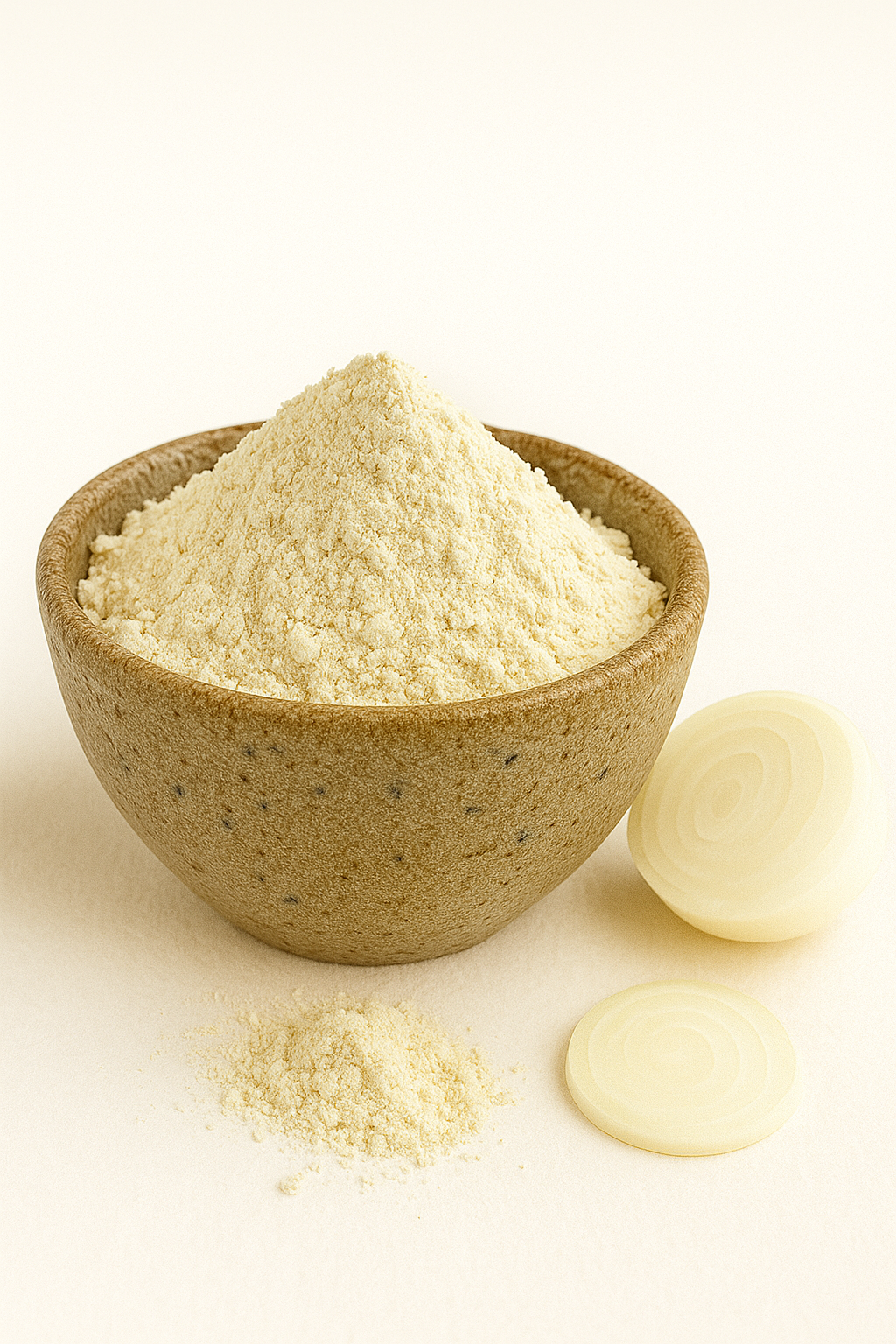 A bowl of organic onion powder with a small pile of powder in front and a fresh onion slice beside it on a white background.