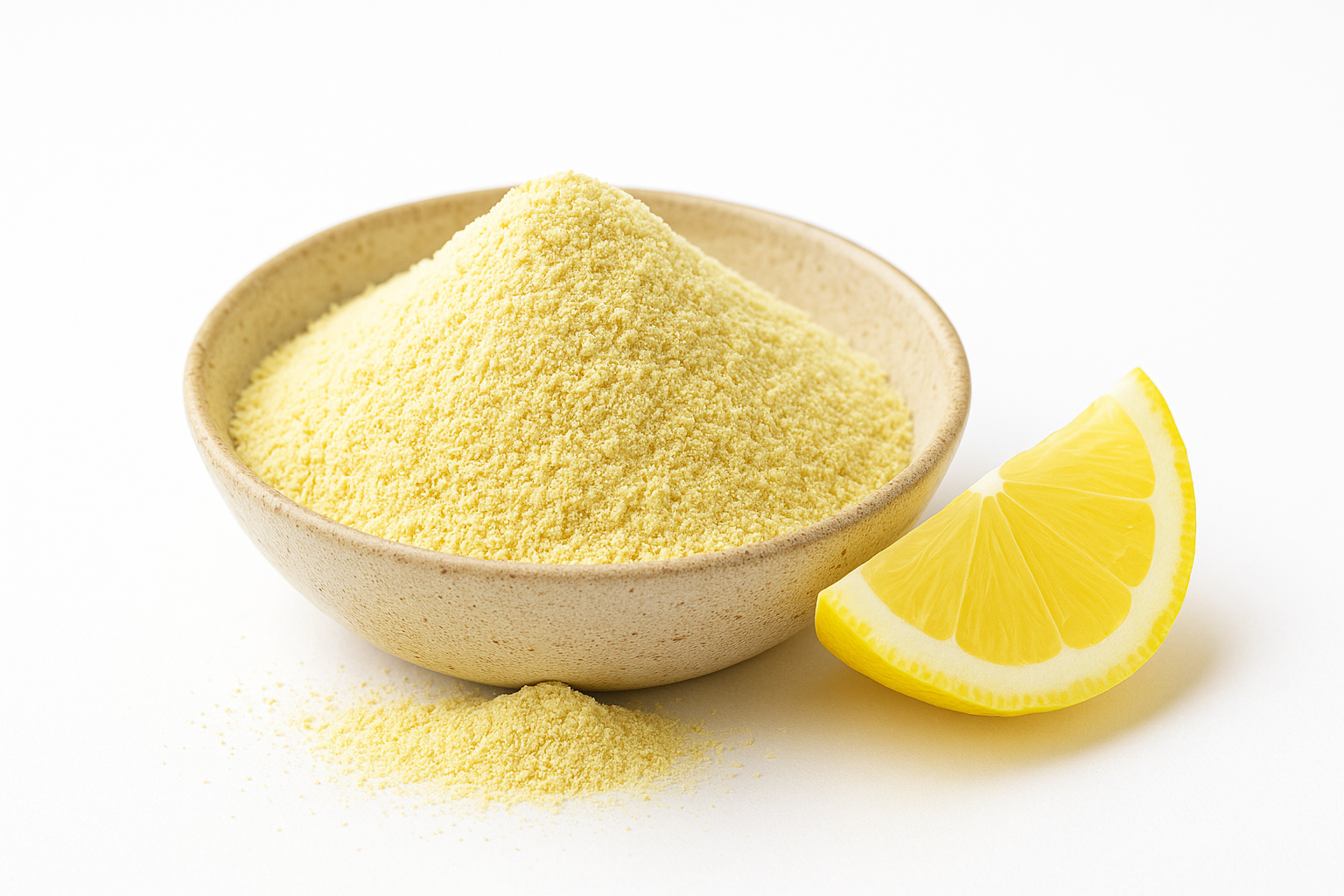 A bowl of organic freeze-dried lemon powder with a lemon slice on a white background.