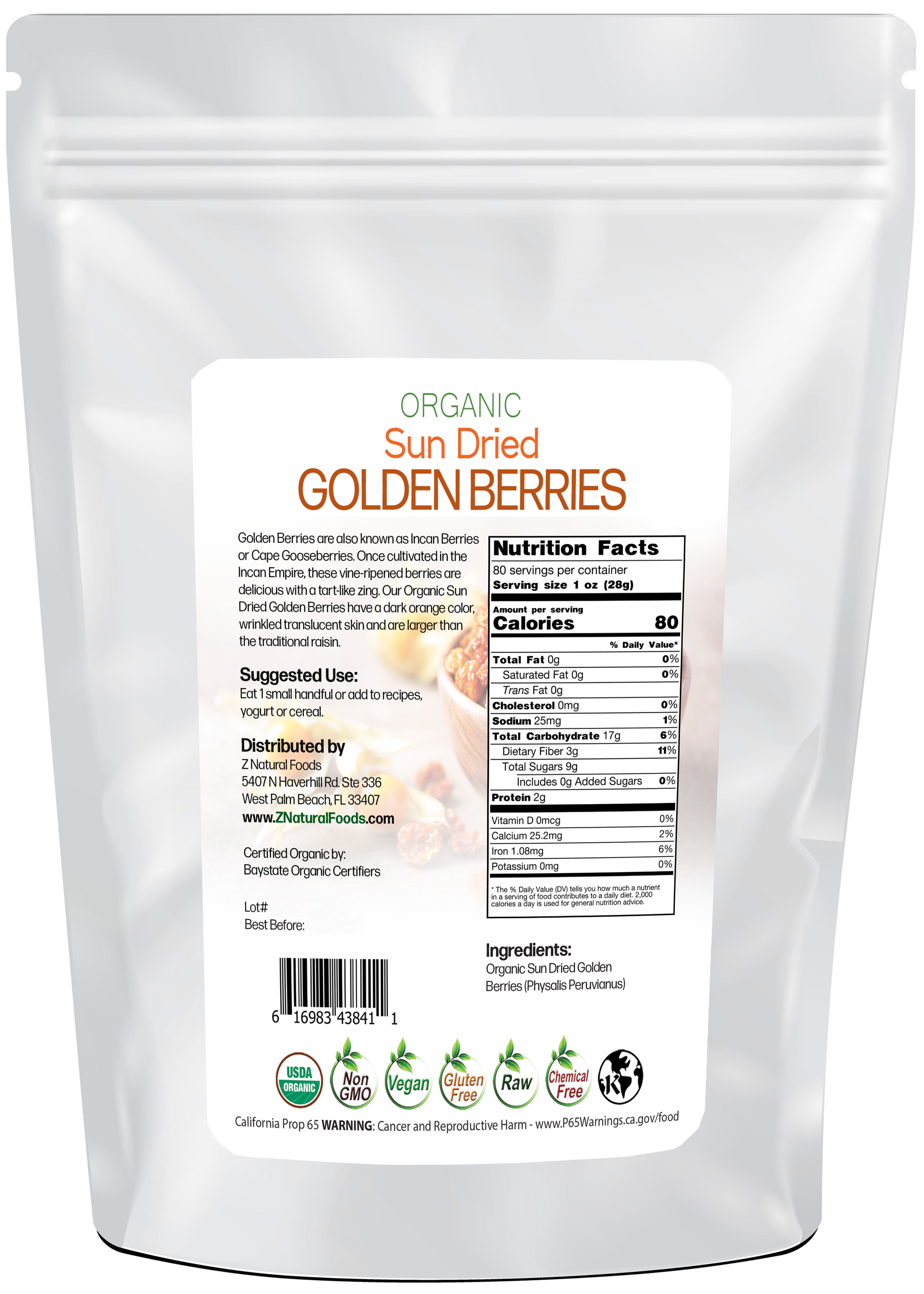 Back of the 5lb bag image of Sun Dried Golden Berries - Organic