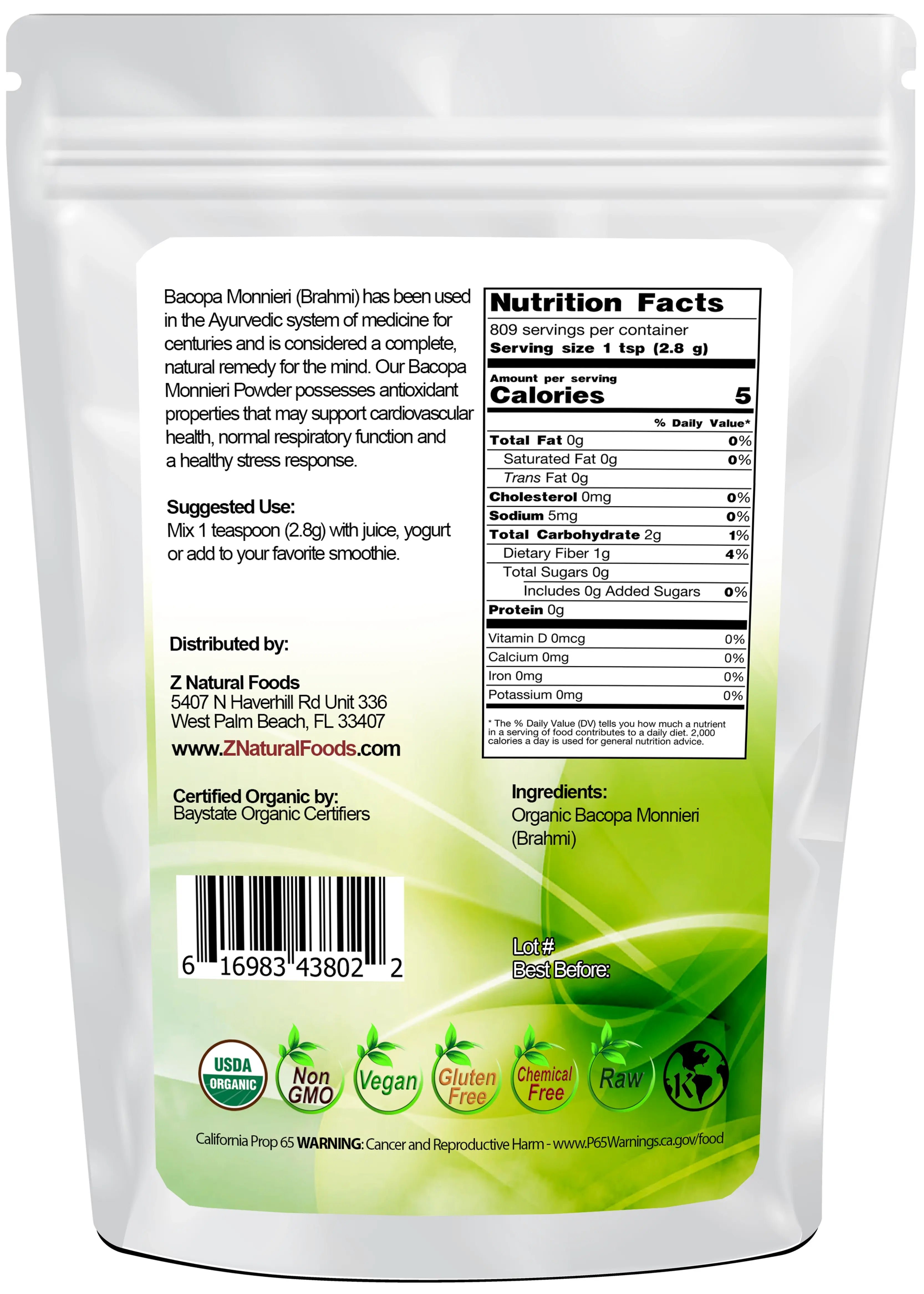 Organic Bacopa back of the bag image 5 lb