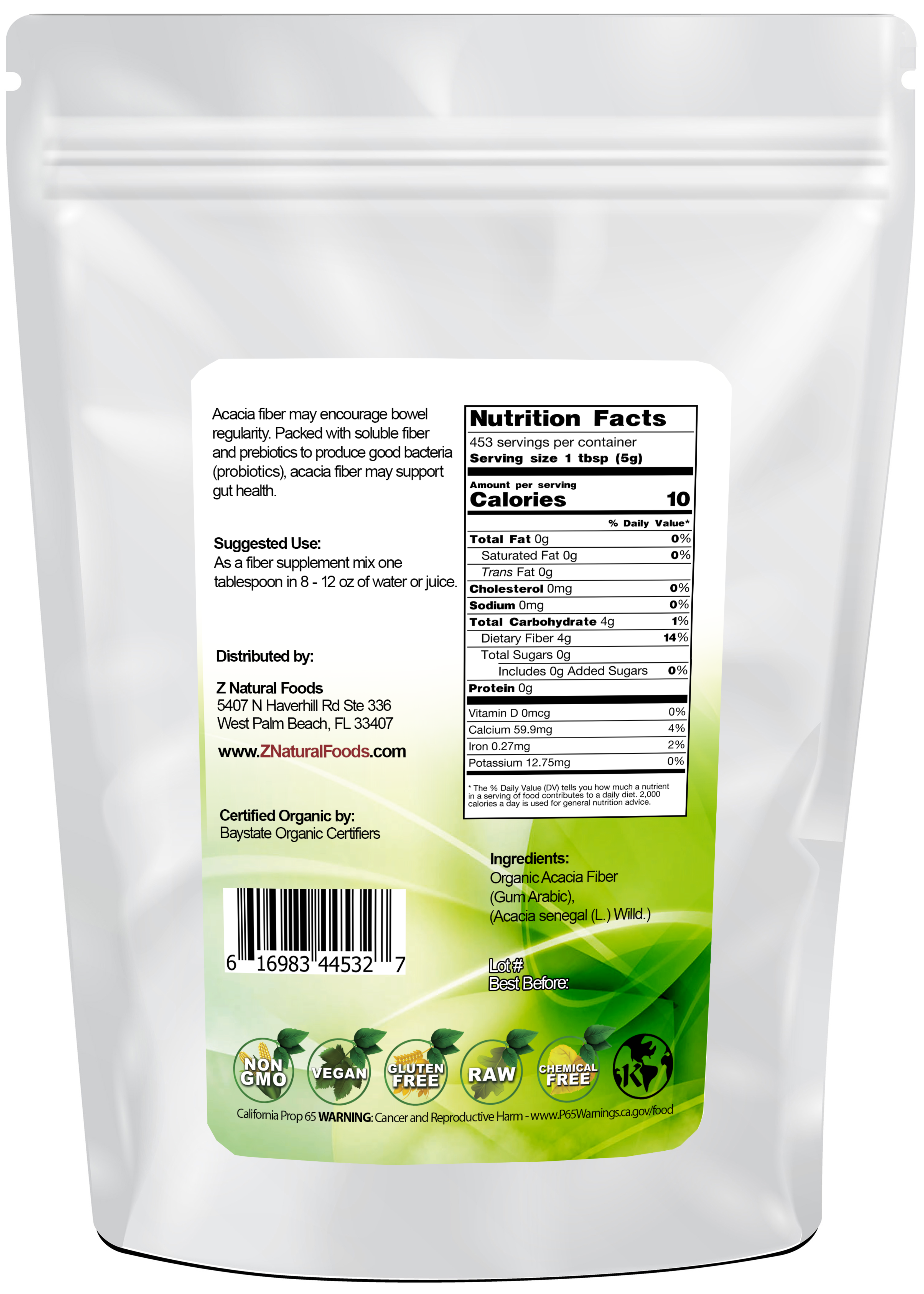 Acacia Fiber (Gum Arabic) Powder - Organic back of the bag image 5 lb