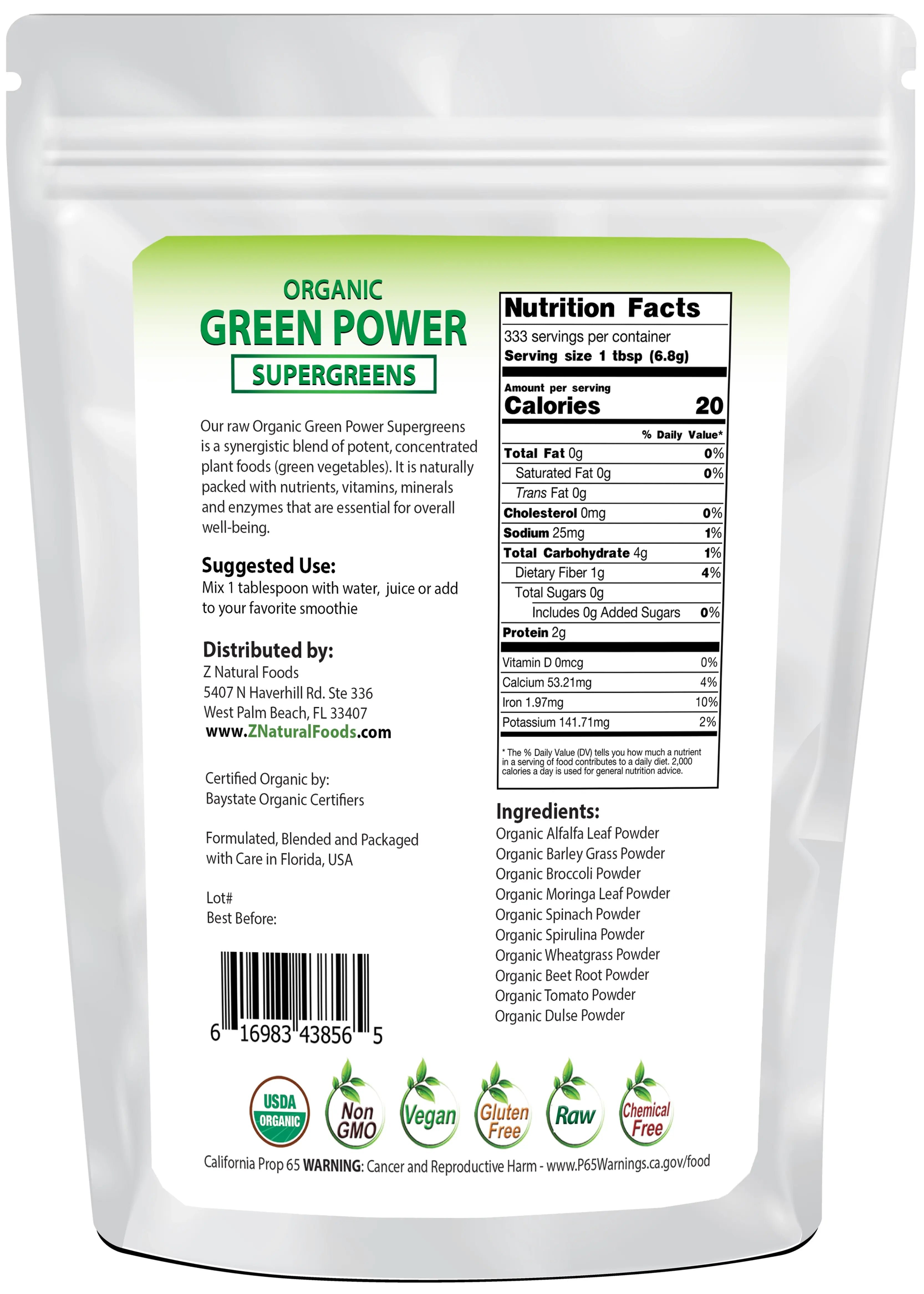 Green Power - Organic SuperGreens Blend back of the bag image 5 lb
