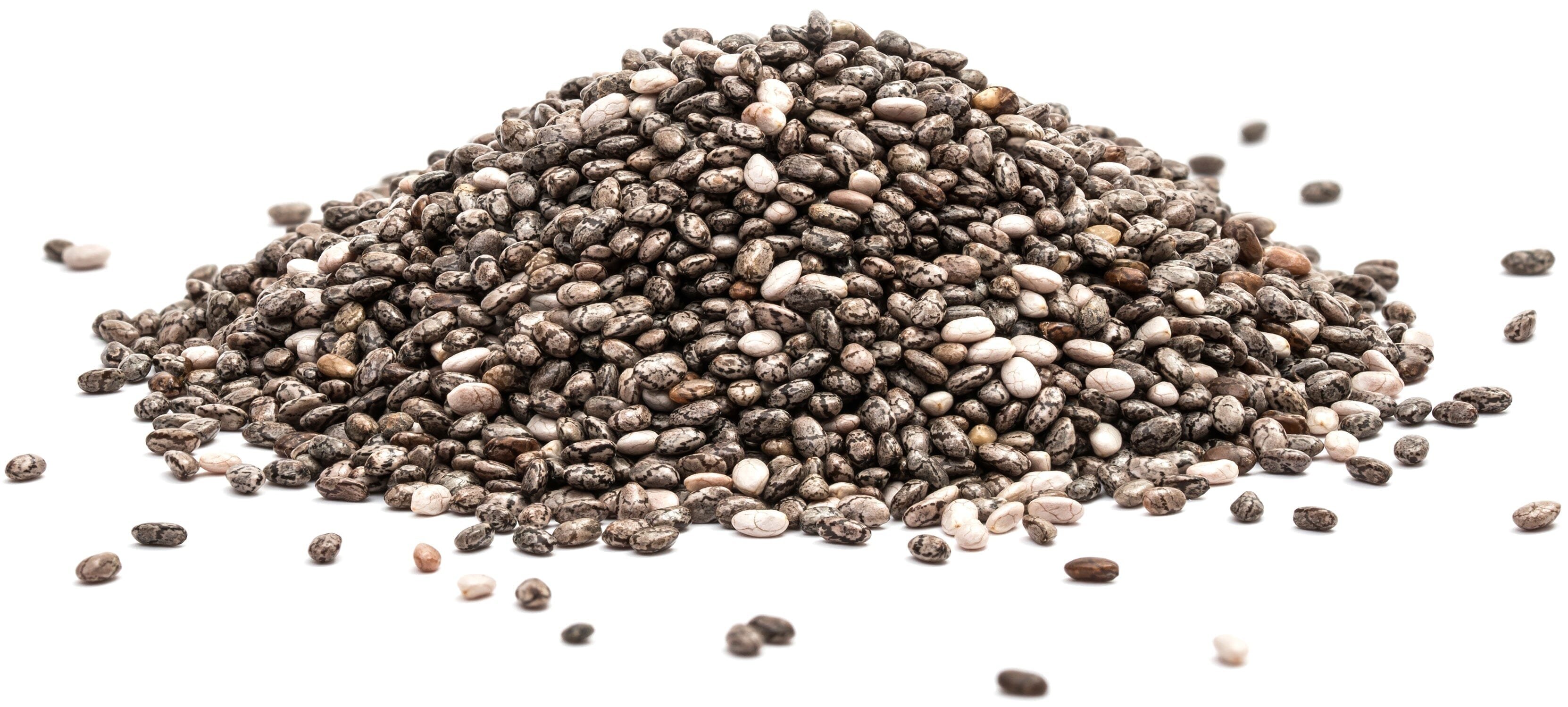 Chia Seeds in a pile on white background