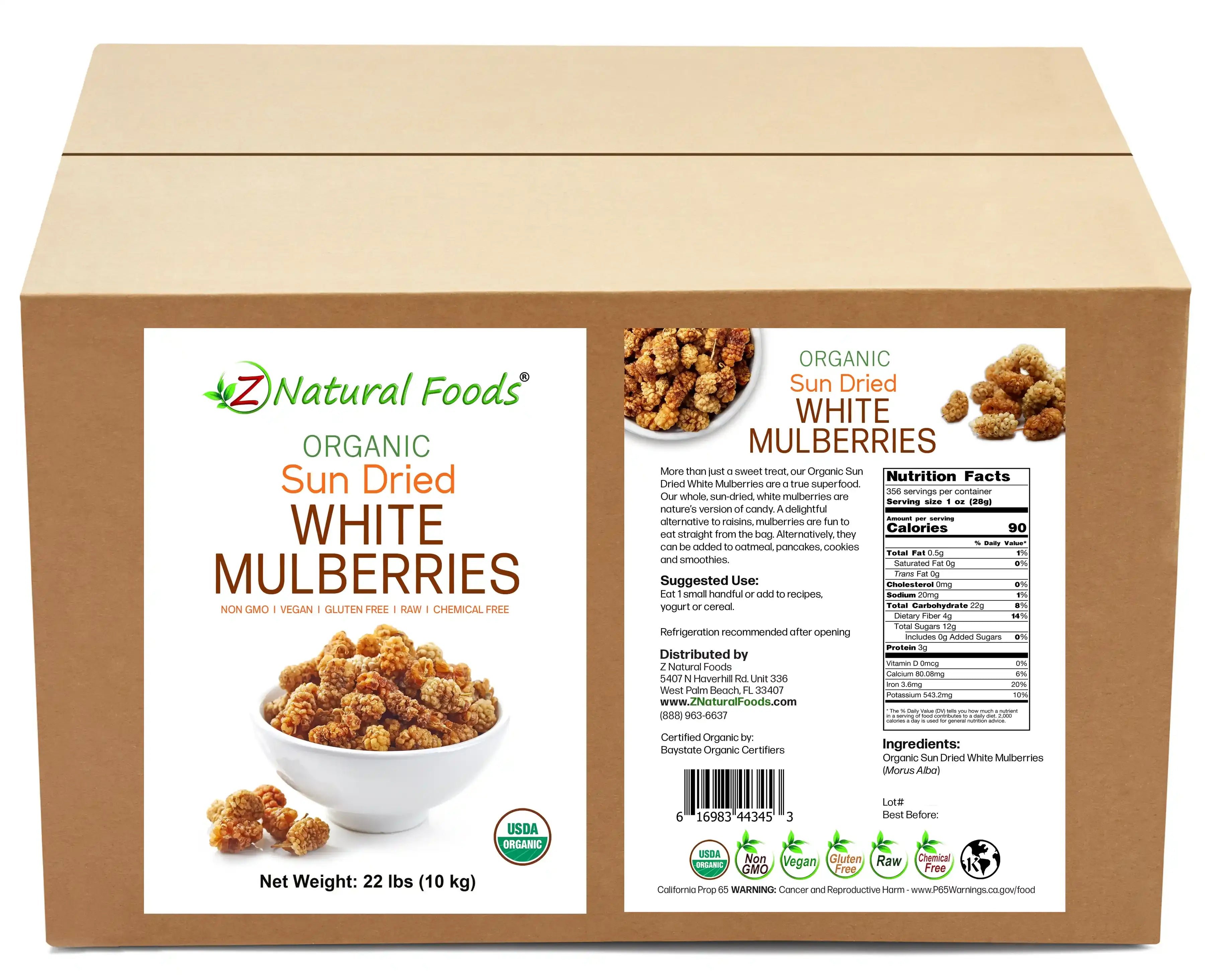 Front and back label image of Sun Dried White Mulberries - Organic in bulk