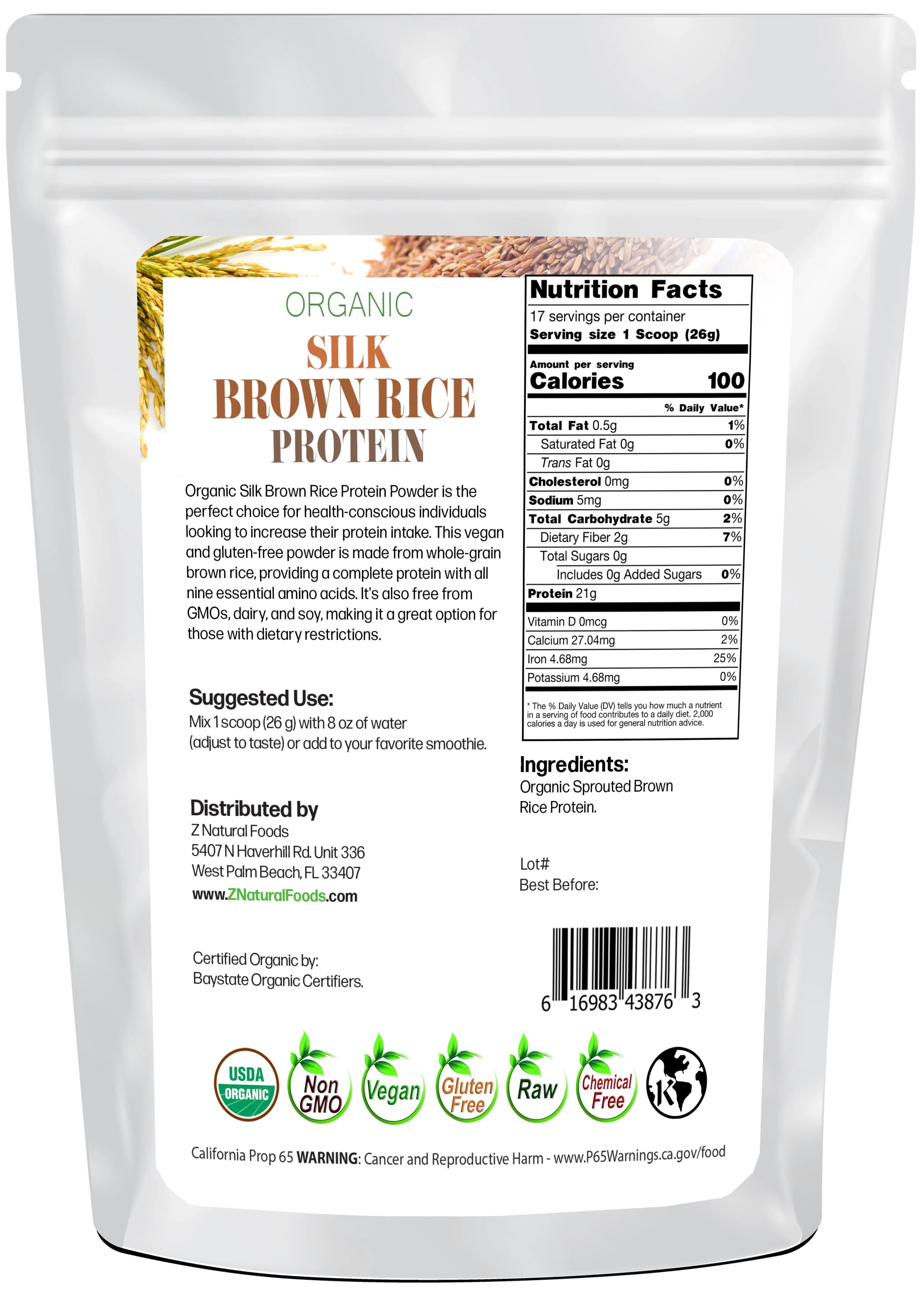 Back of the bag image of Silk Brown Rice Protein Powder - Organic 1 lb