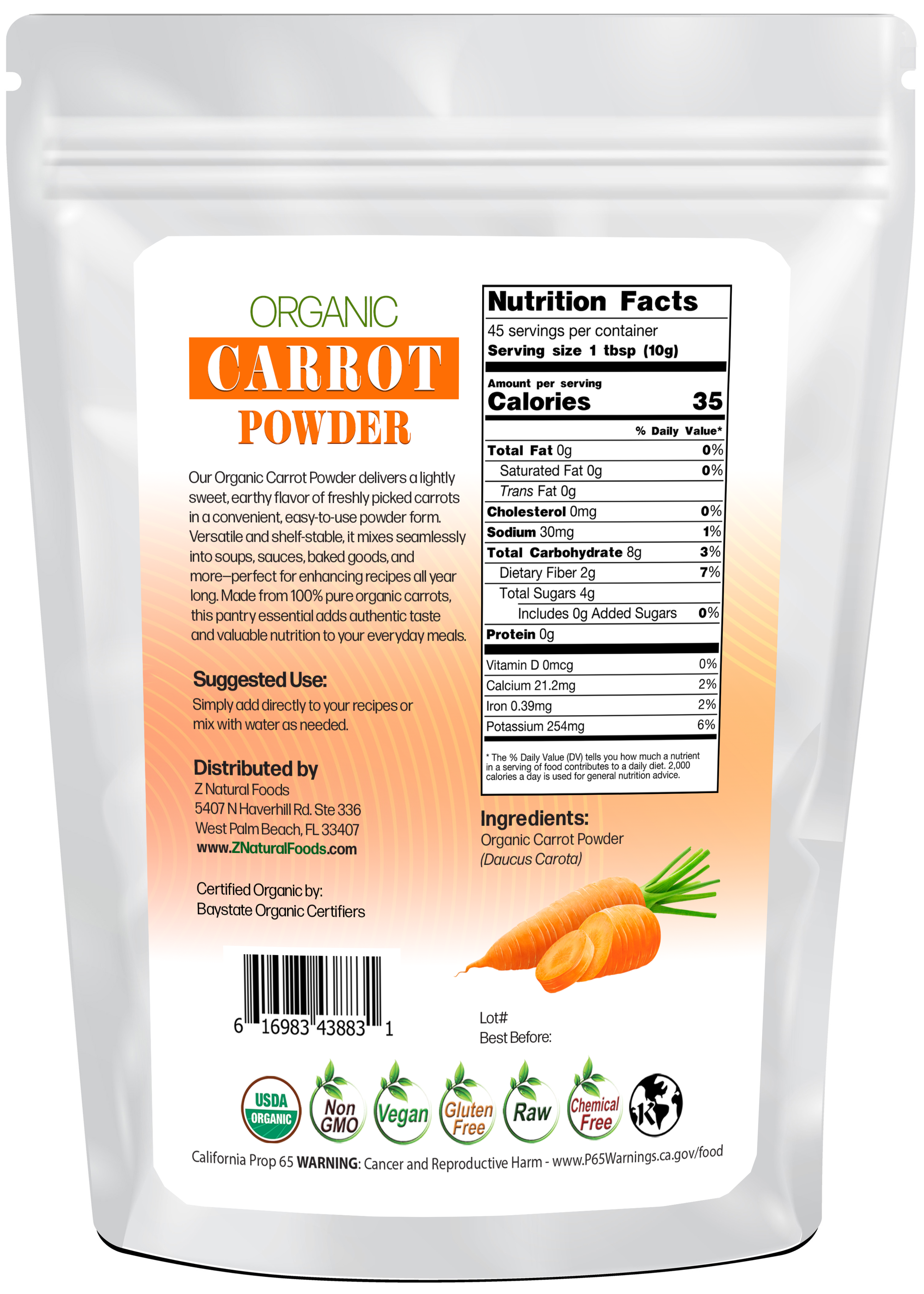 Carrot Powder - Organic back of the bag image 1 lb 