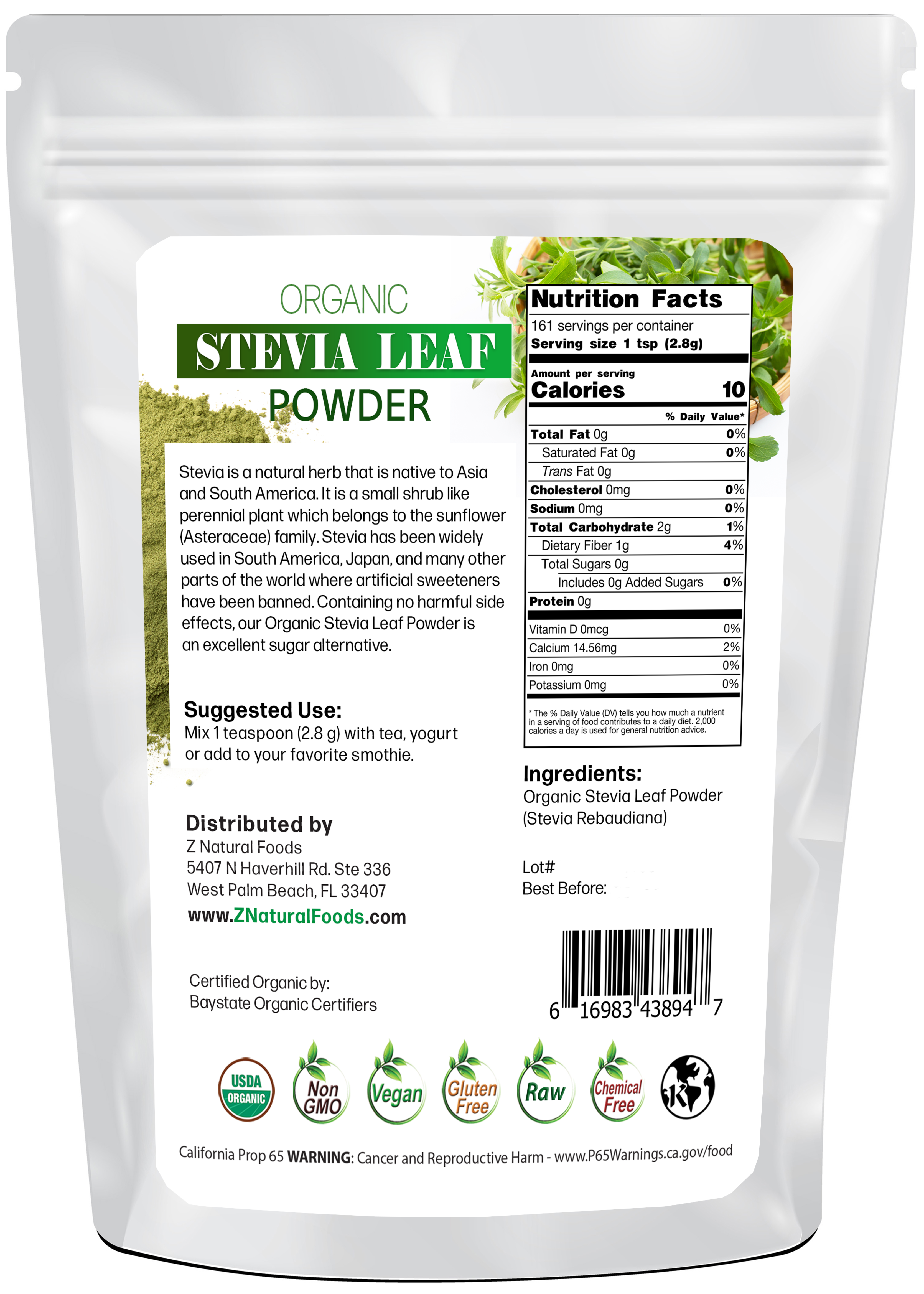Stevia Leaf Powder - Organic back of the bag image 1 lb