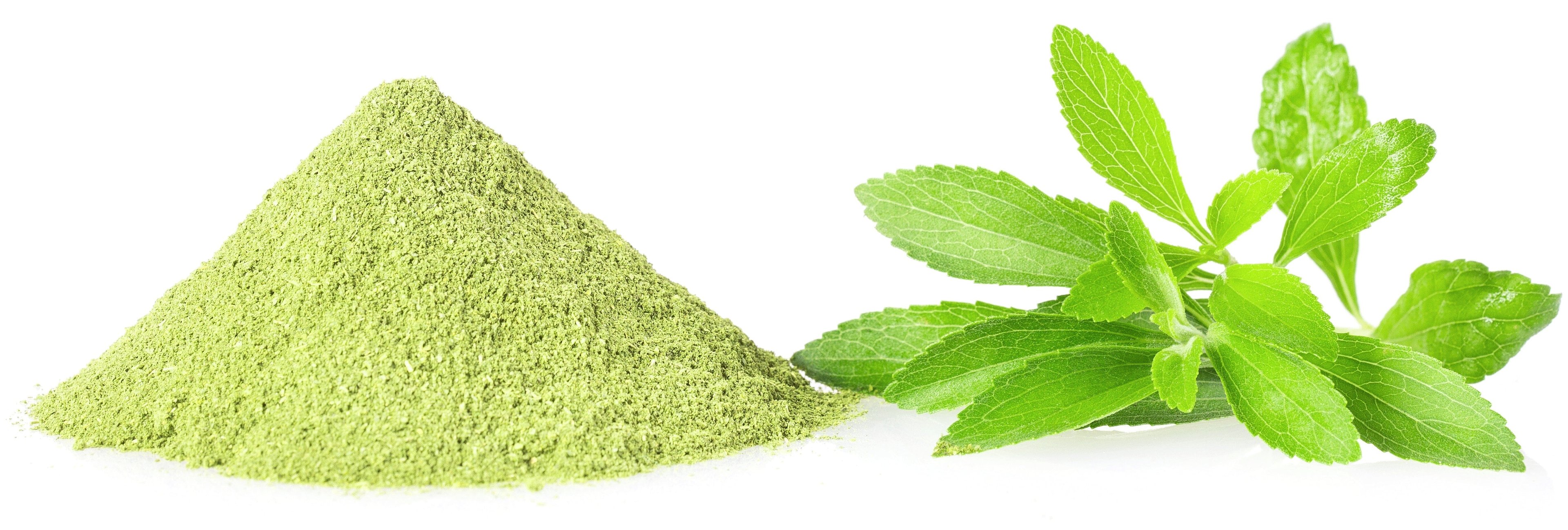Image of Stevia Leaf Powder in a pile and fresh stevia leaves next to it