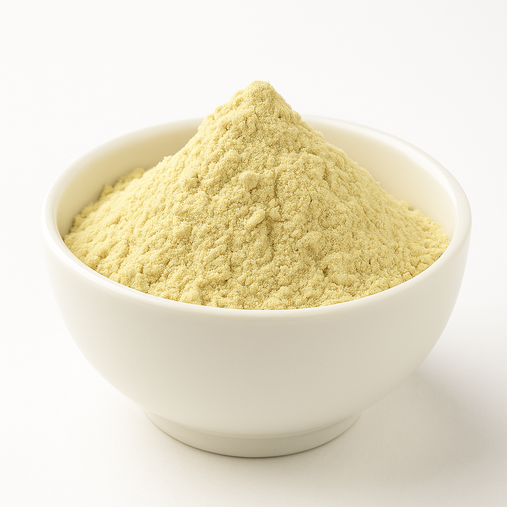 White cream powder in a white bowl.
