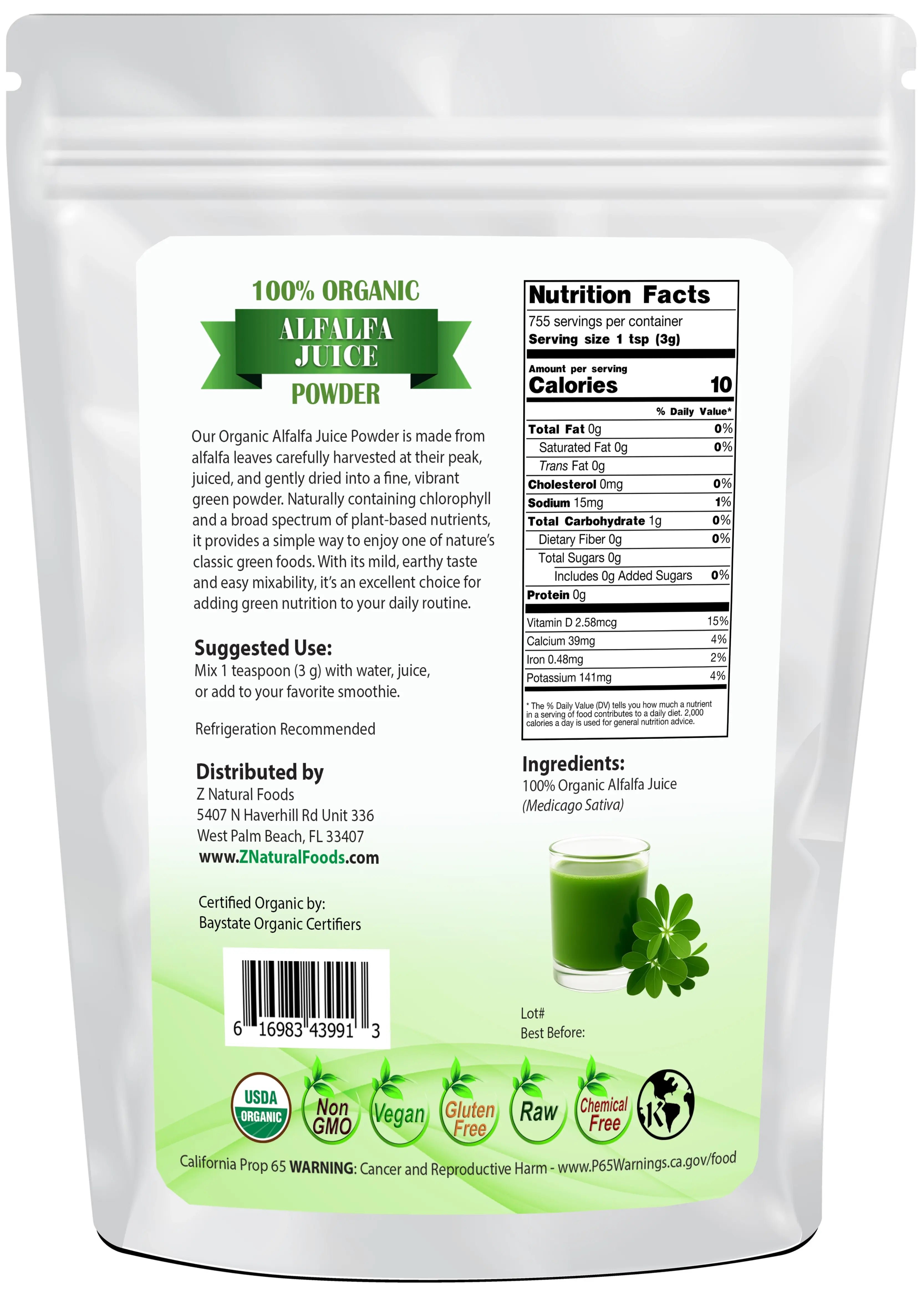 Alfalfa Juice Powder - Organic back of the bag image 5 lb