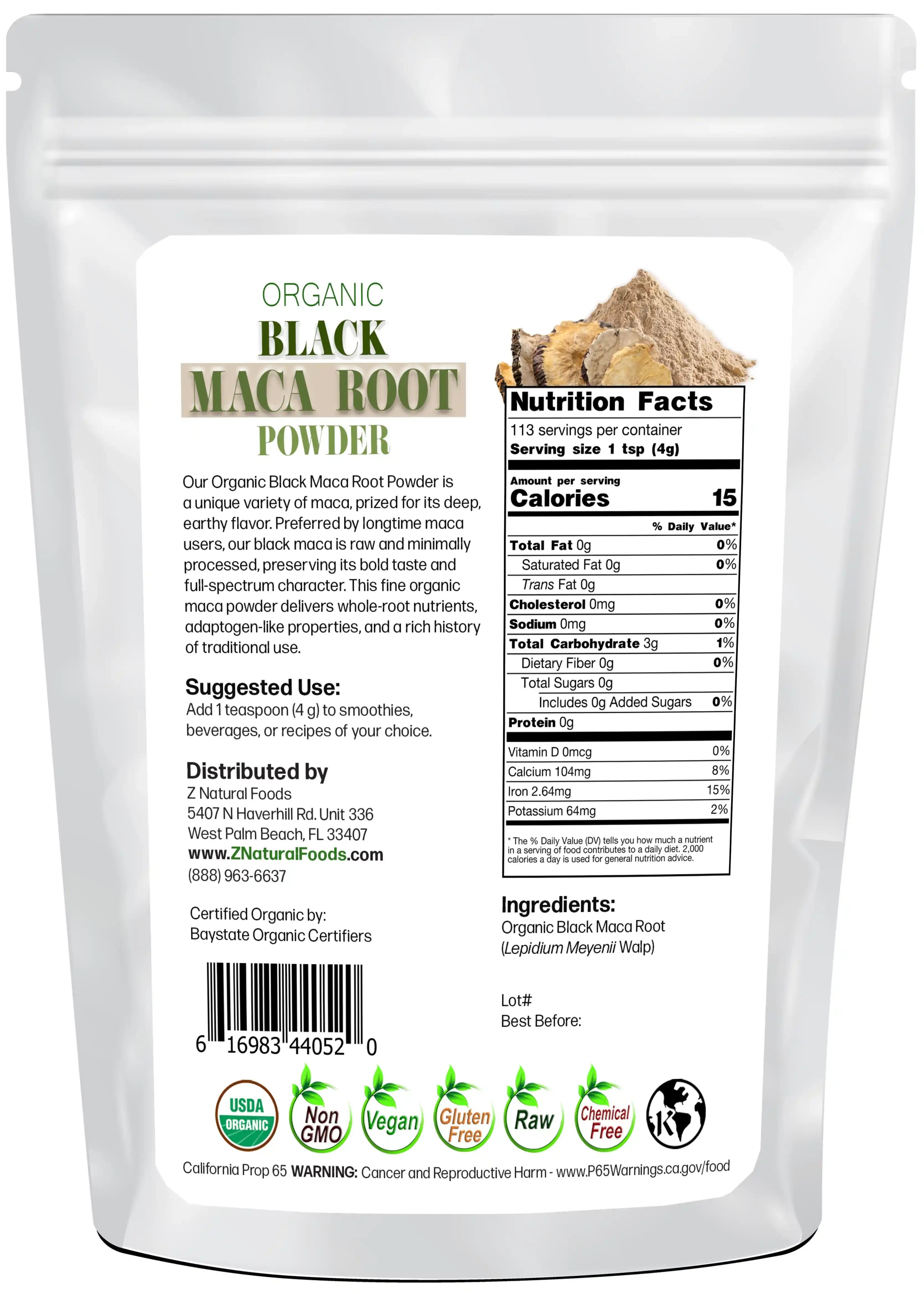 Photo of back of 1 lb bag of Maca Root Powder (Black) - Organic