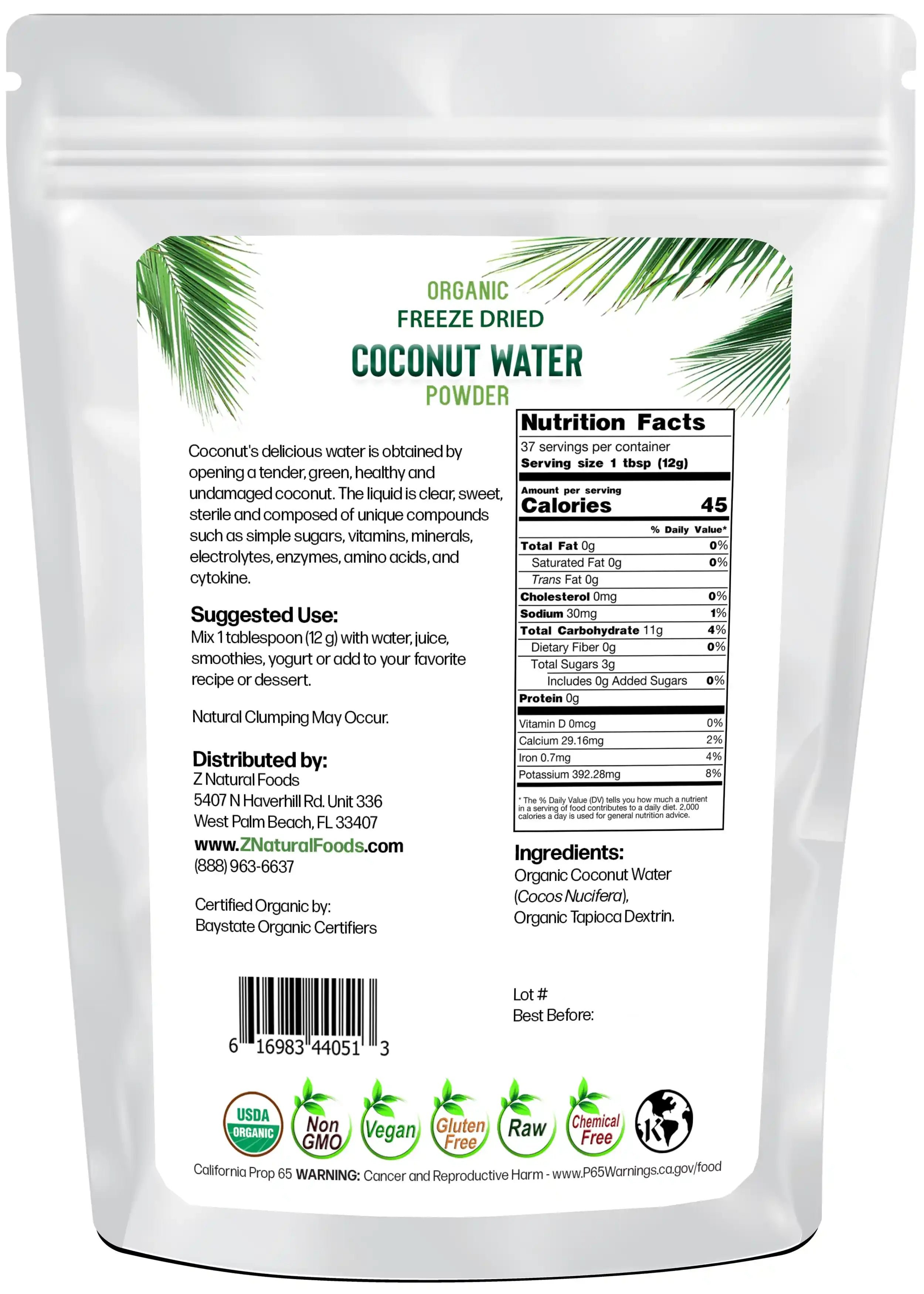 1 lb Coconut Water Powder - Organic Freeze Dried back of bag image