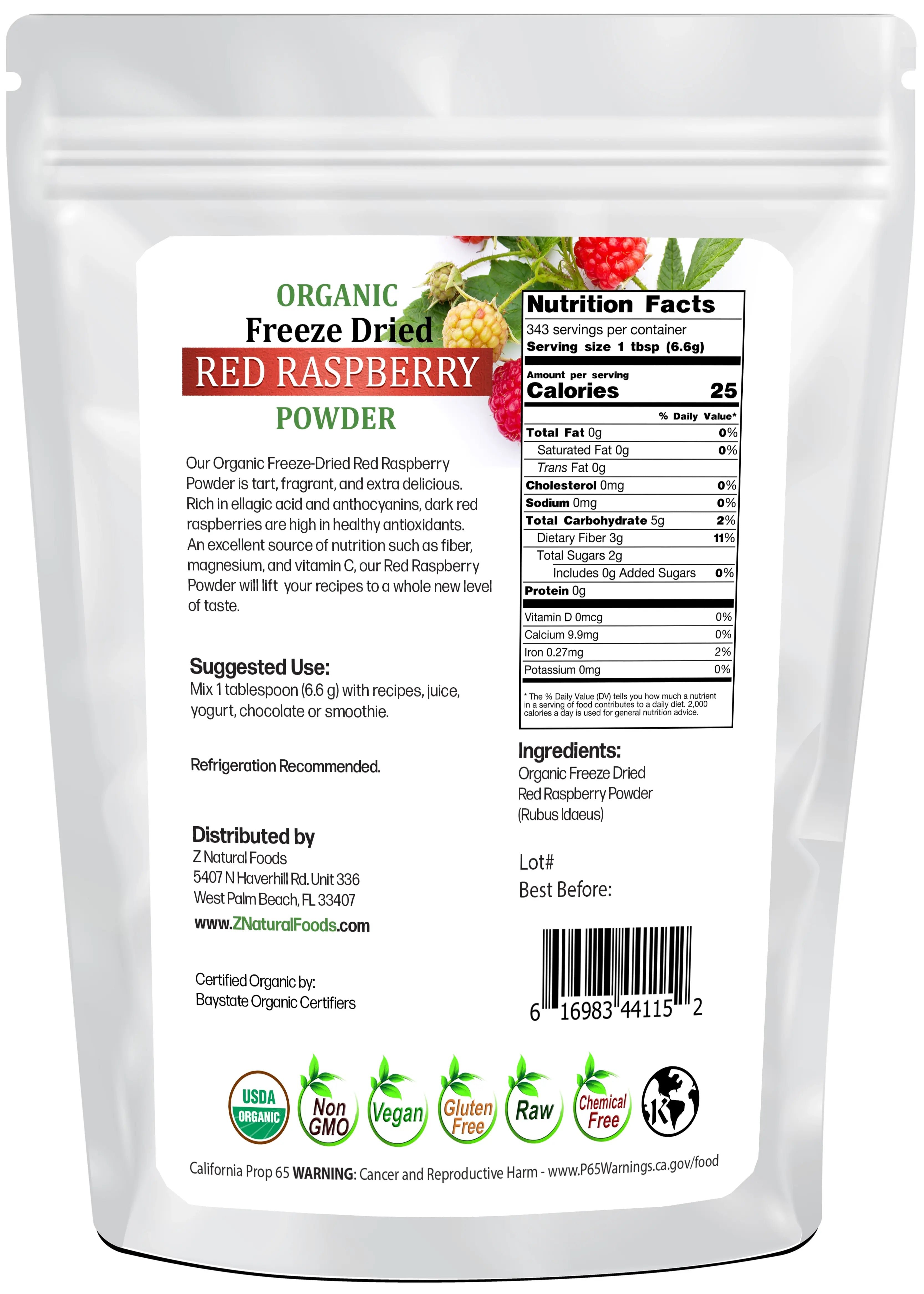 Back of bag image of Red Raspberry Powder - Organic Freeze Dried 5 lb