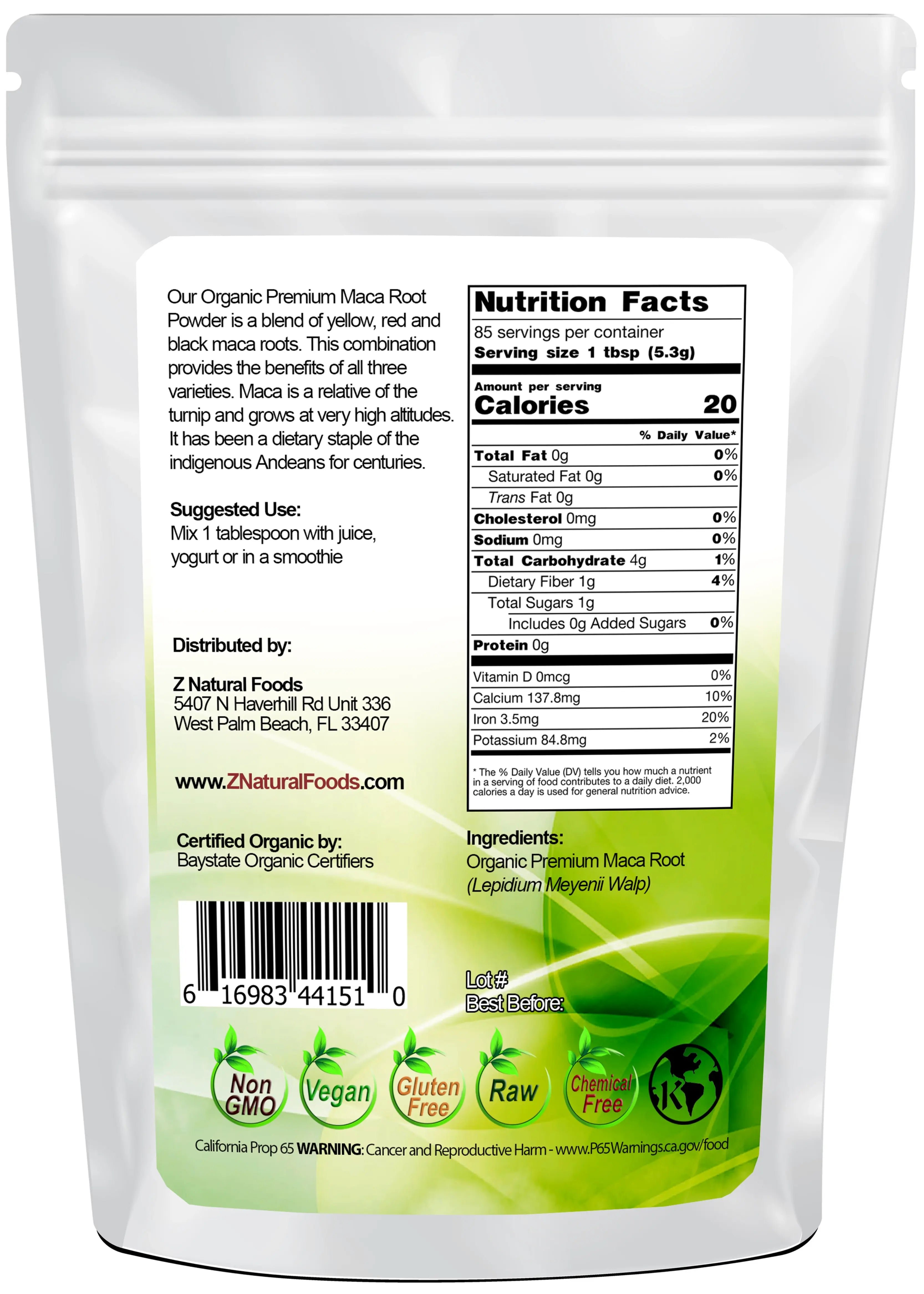 Back of the bag image of Maca Root Premium Powder - Organic 1 lb