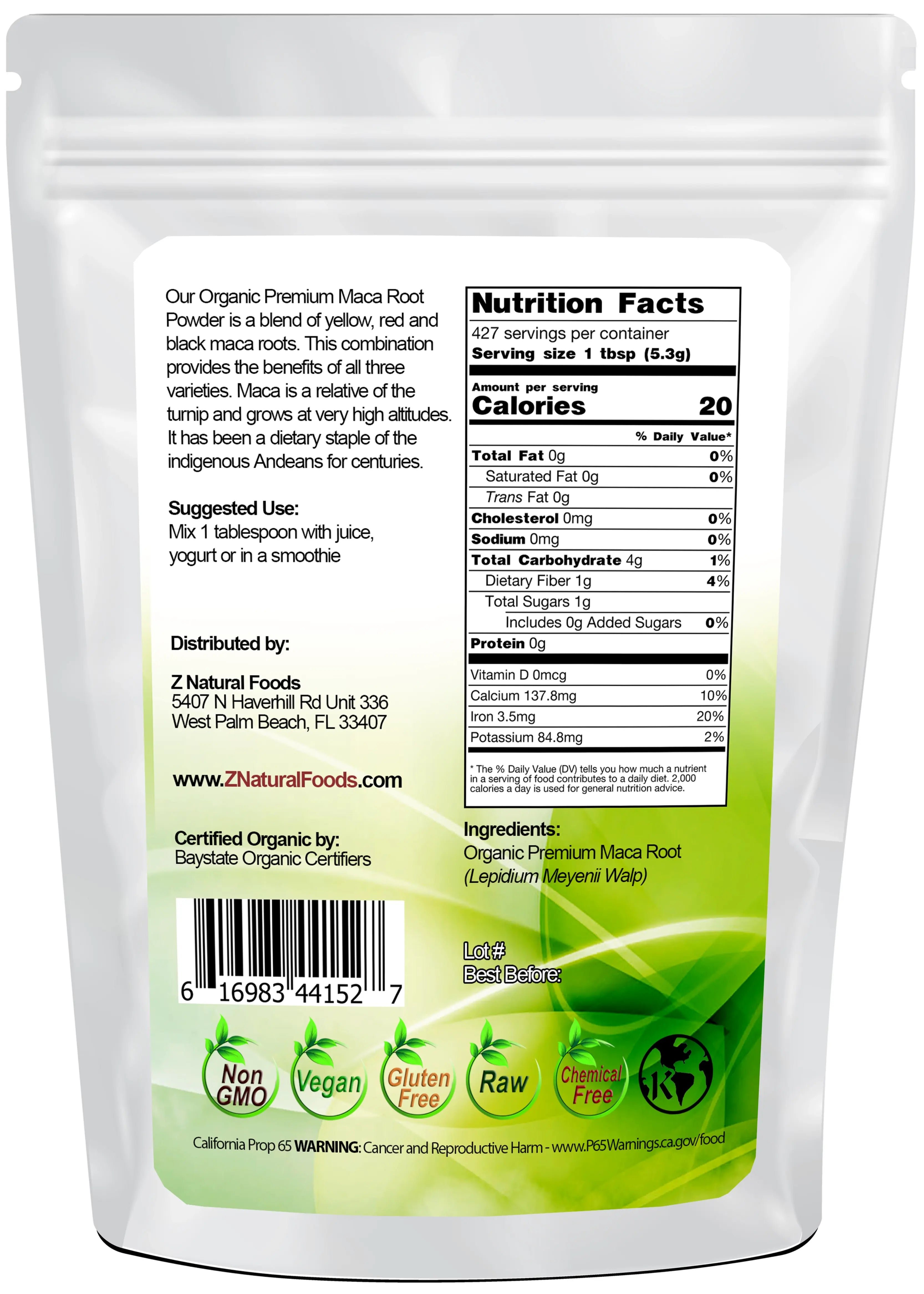 Back of the bag image of Maca Root Premium Powder - Organic 5 lb