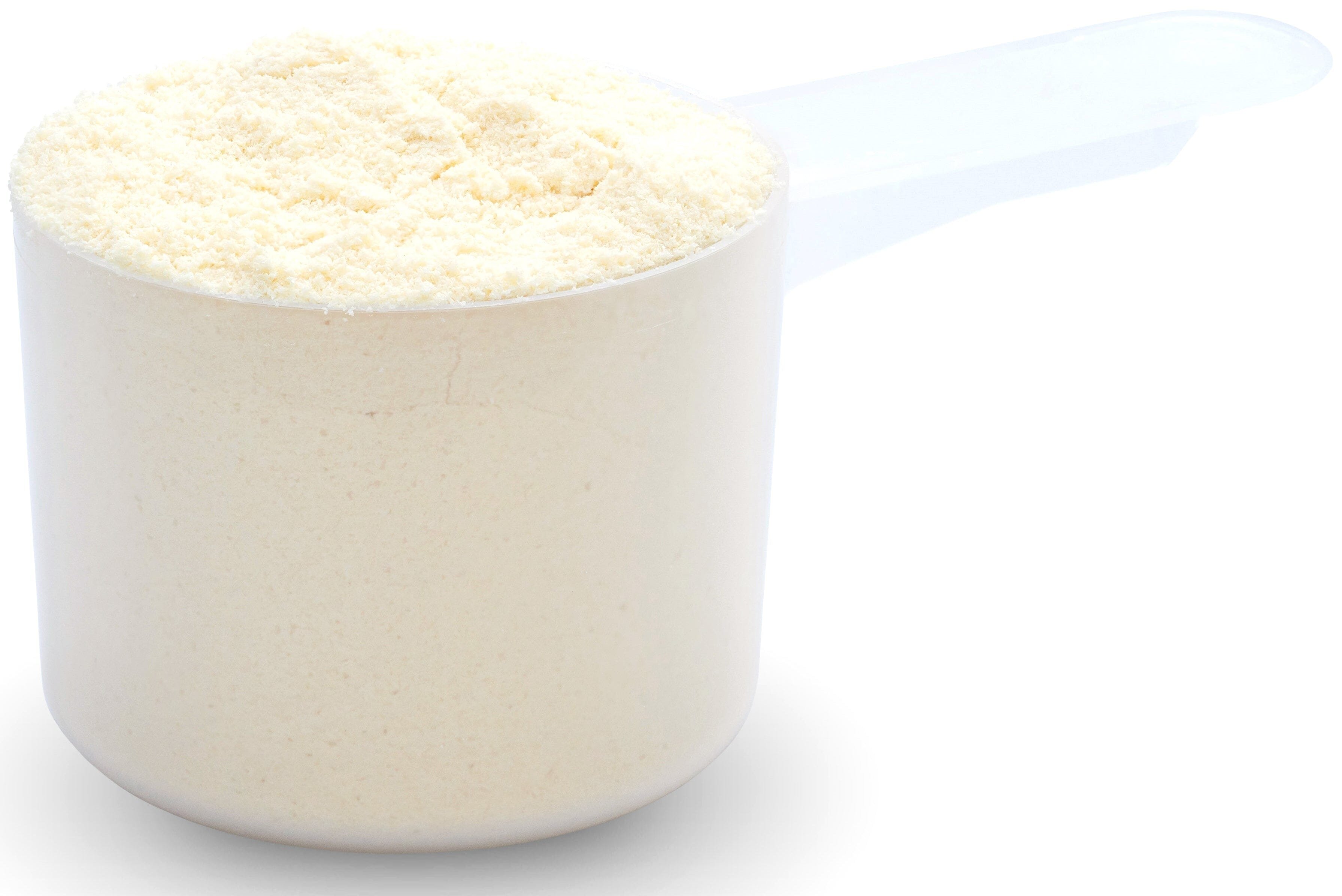 Close photo of plastic 60cc scoop full of Goat Whey Protein Concentrate - Grass-Fed Proteins & Collagens Z Natural Foods 5 lbs