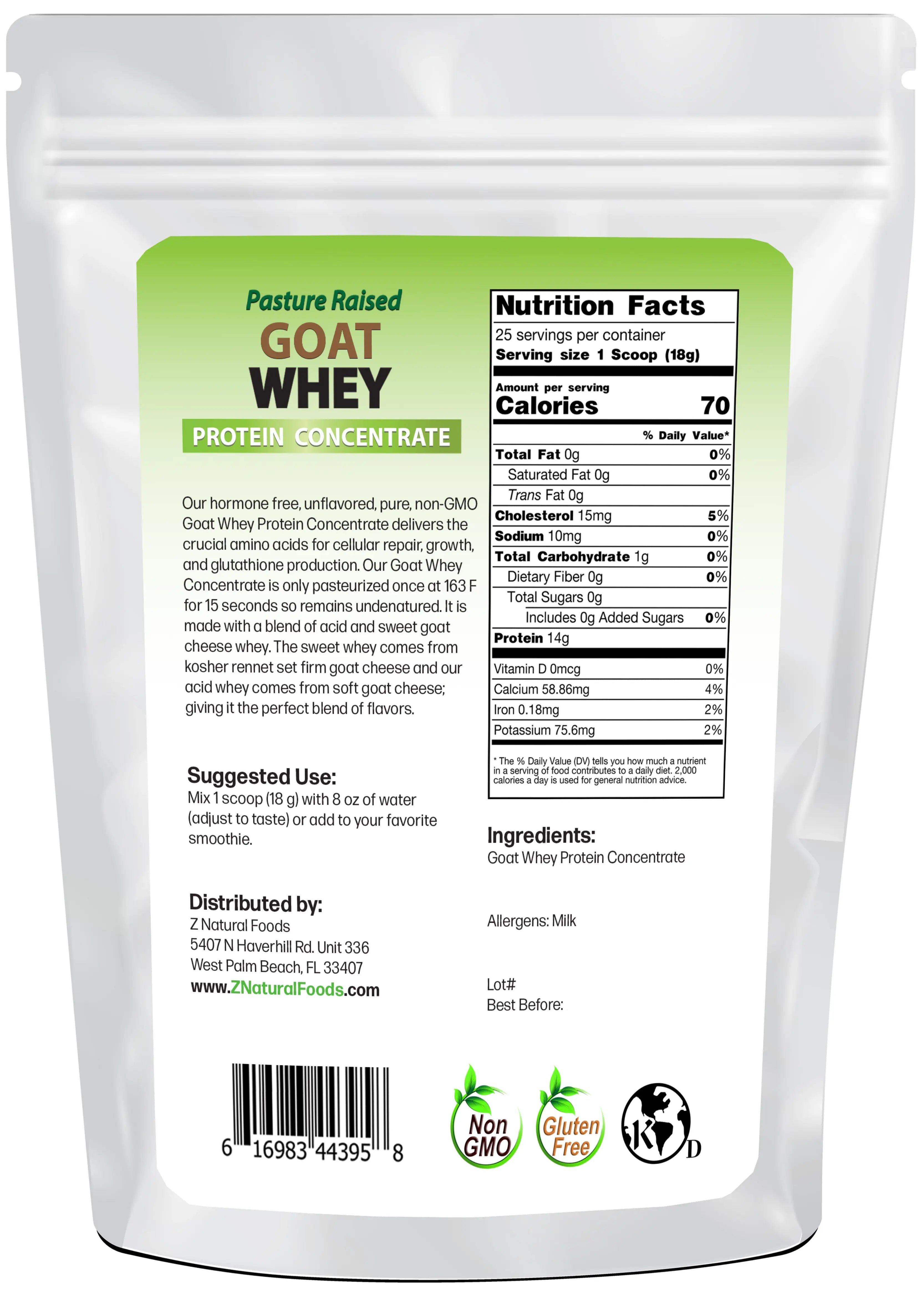 Photo of back of 1 lb bag of Goat Whey Protein Concentrate
