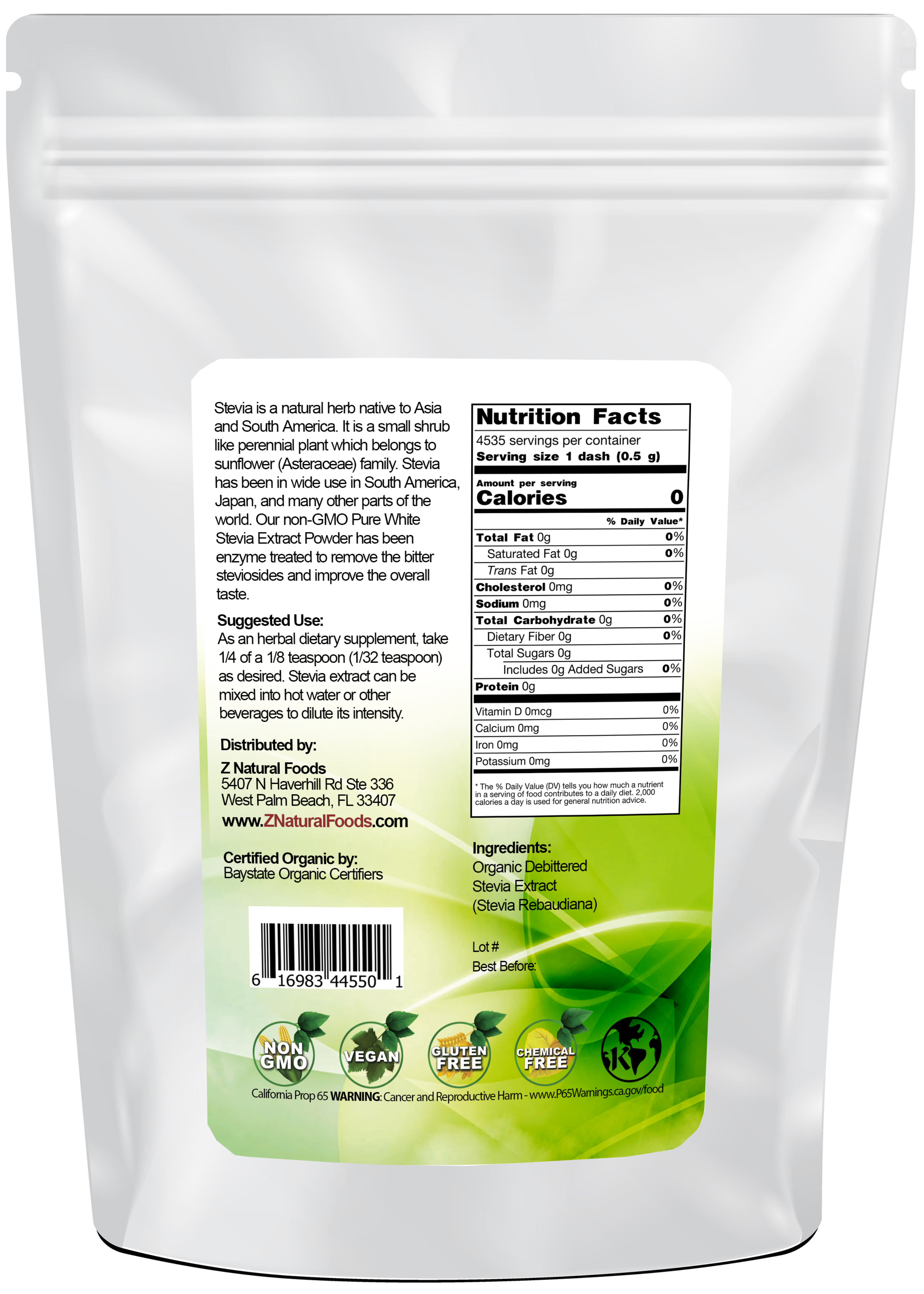Photo of the back of 5 lb bag of Stevia Extract Powder (Debittered) - Organic