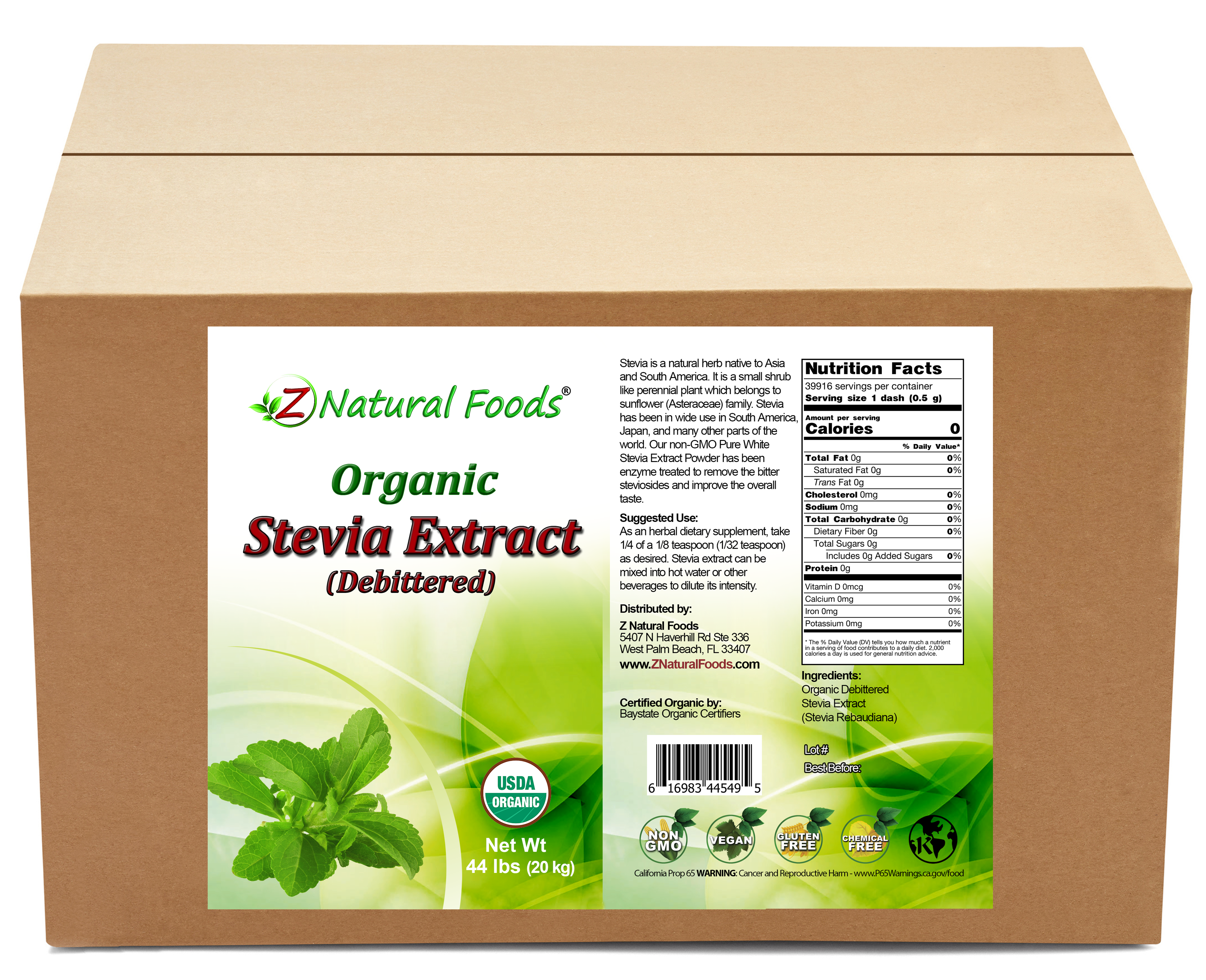 Photo of the front and back label image for Stevia Extract Powder (Debittered) - Organic in bulk