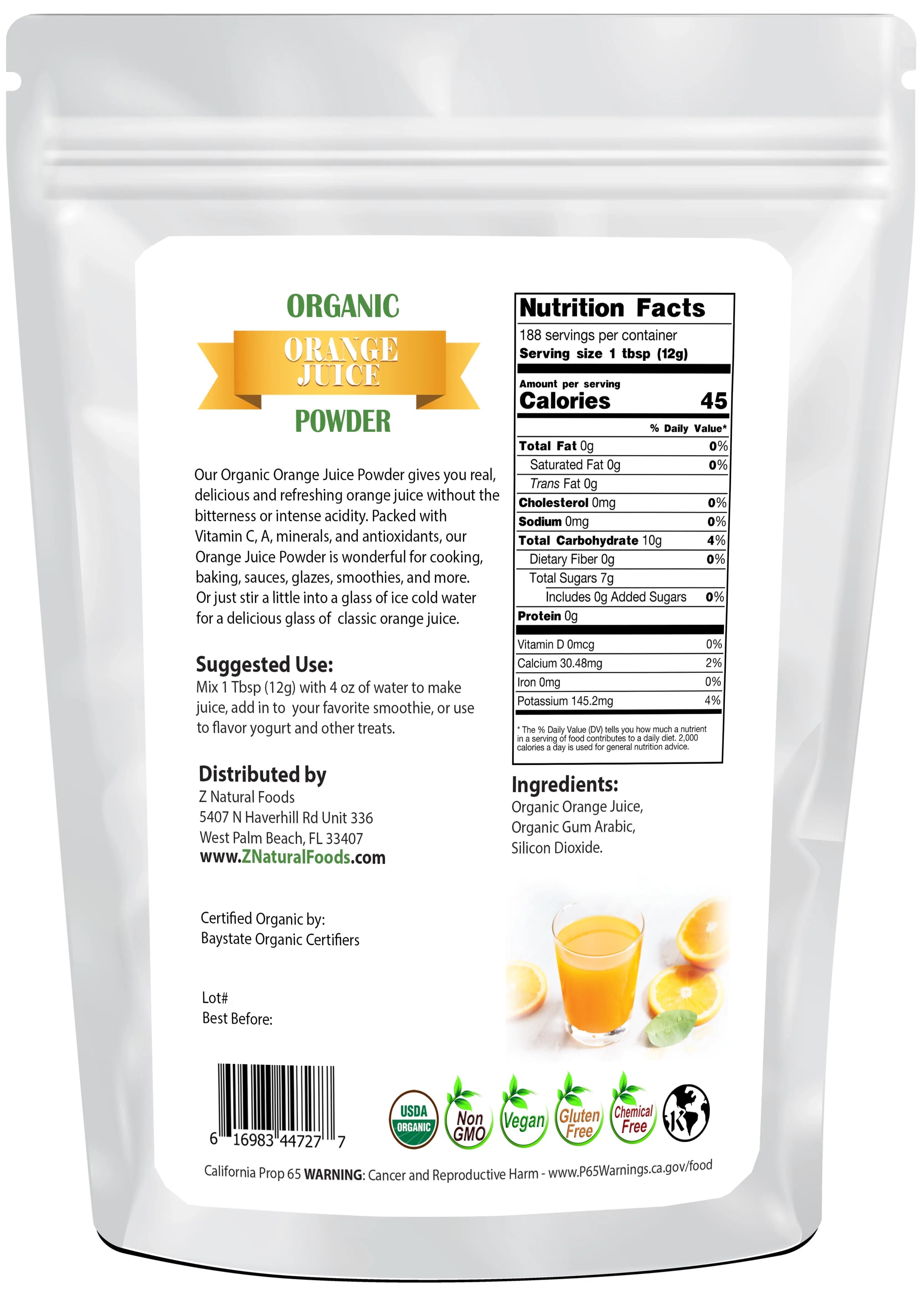 Photo of back of 5 lb bag of Orange Juice Powder - Organic