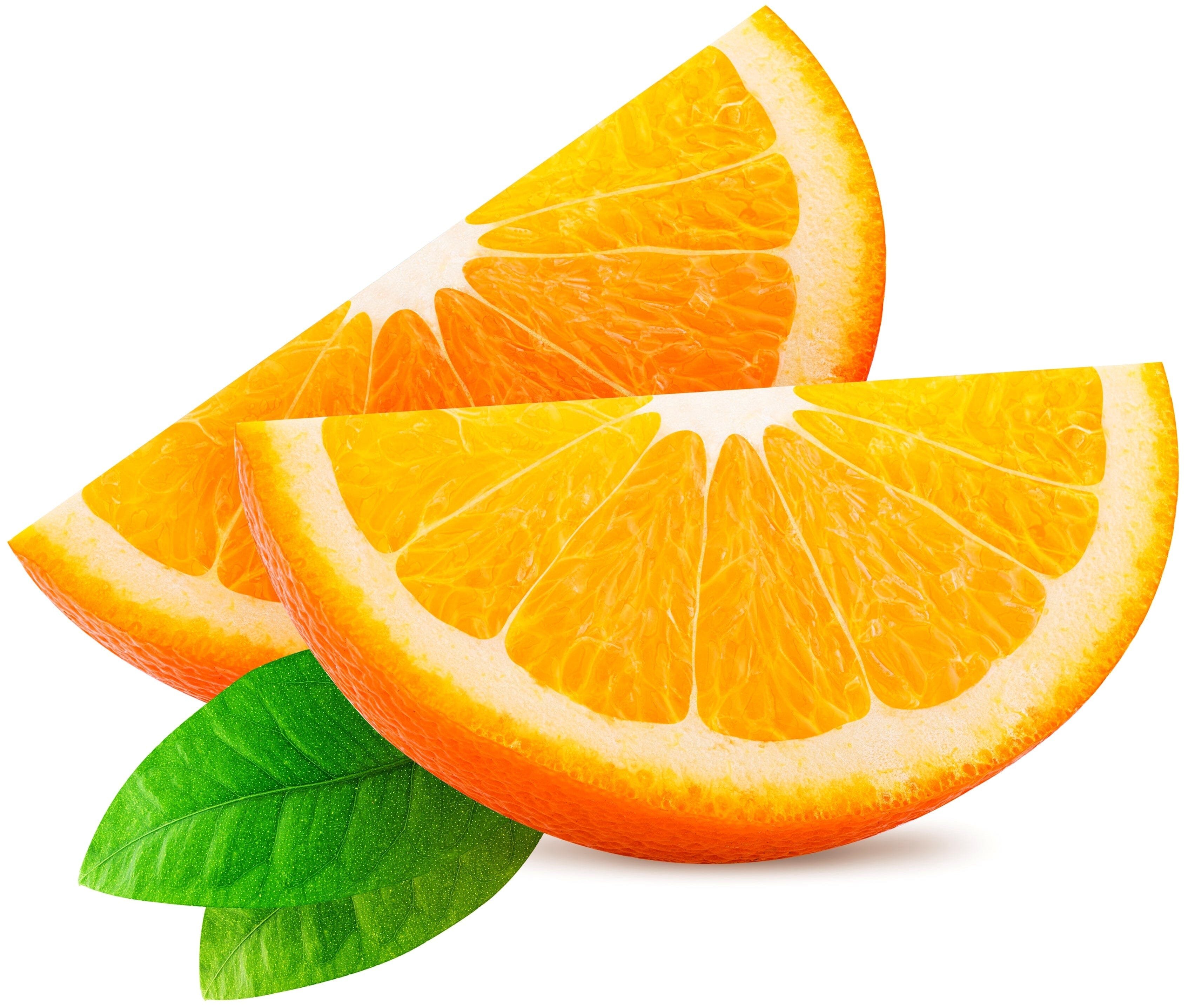 Two Orange slices with green leaves on white background.