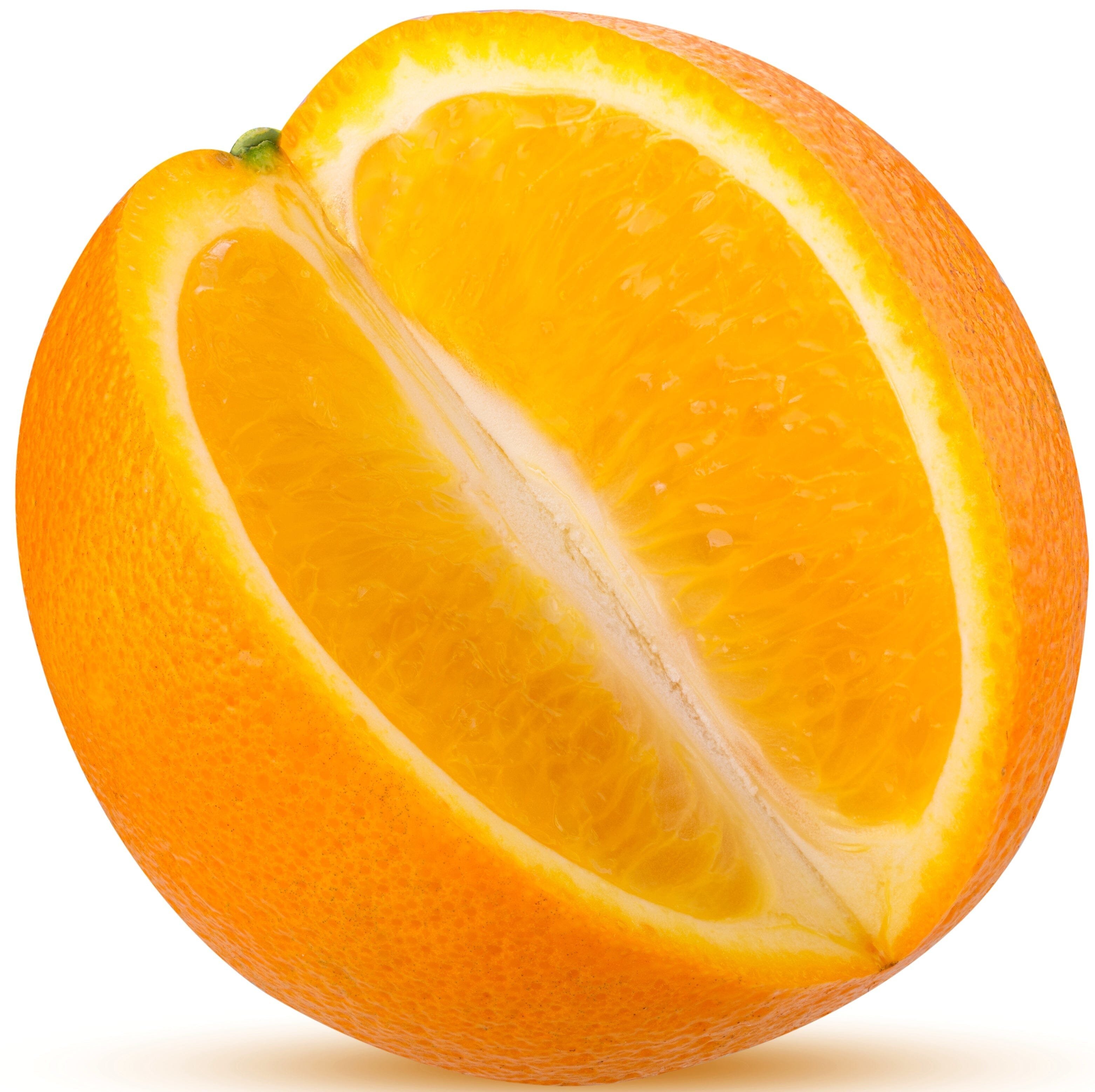 Image of whole Orange with quartered piece missing exposing fruit inside.