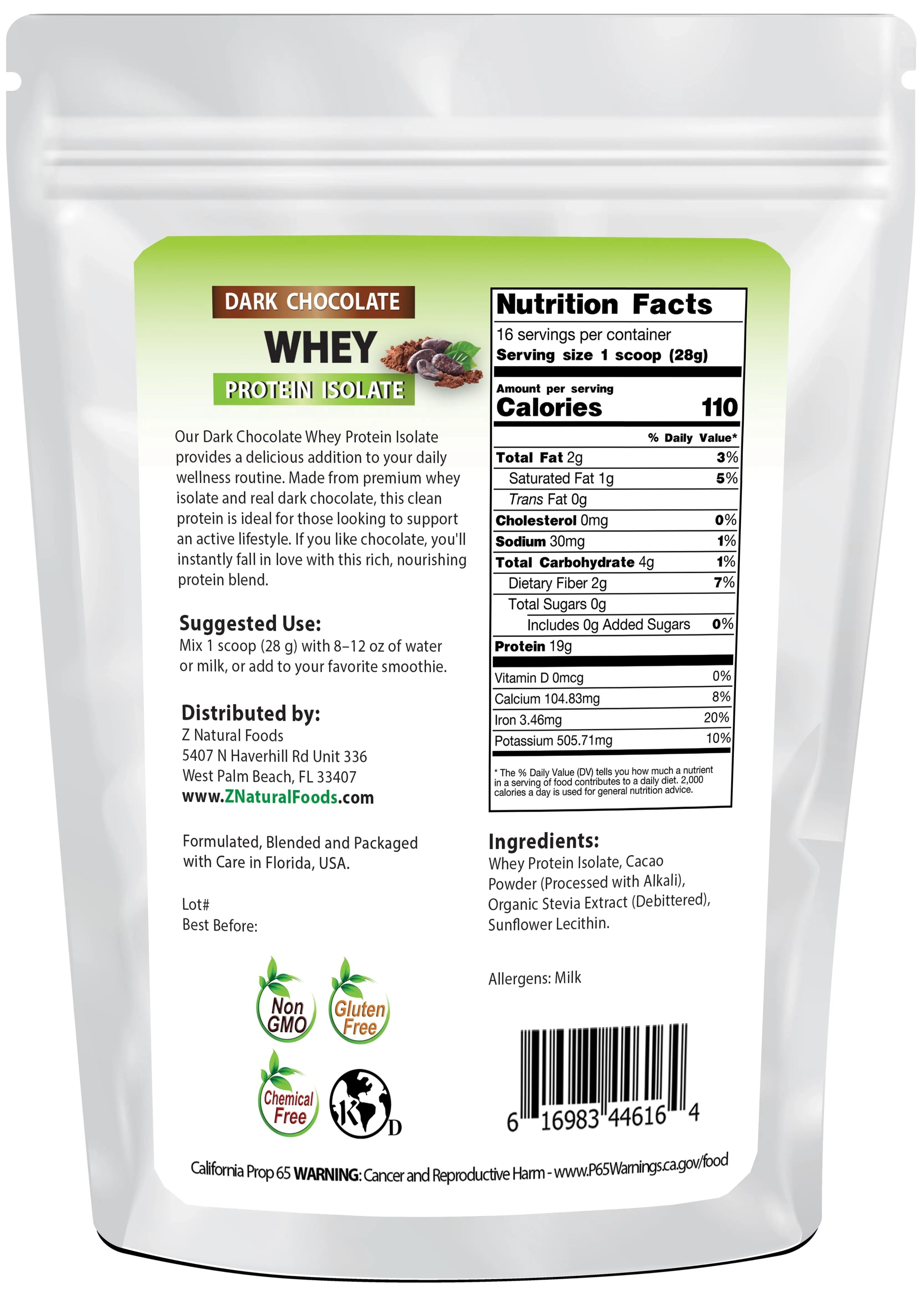 Photo of back of 1 lb bag of Dark Chocolate Whey Protein Isolate
