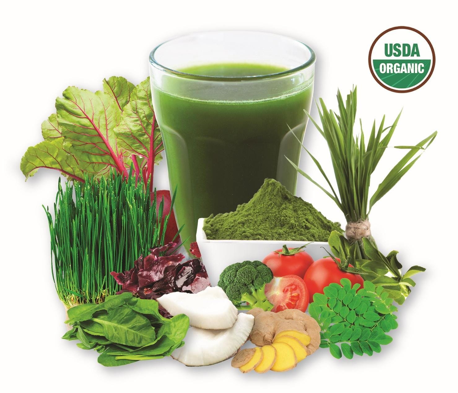 Photo of multiple greens and leaf vegetables sitting in front of glass of green drink