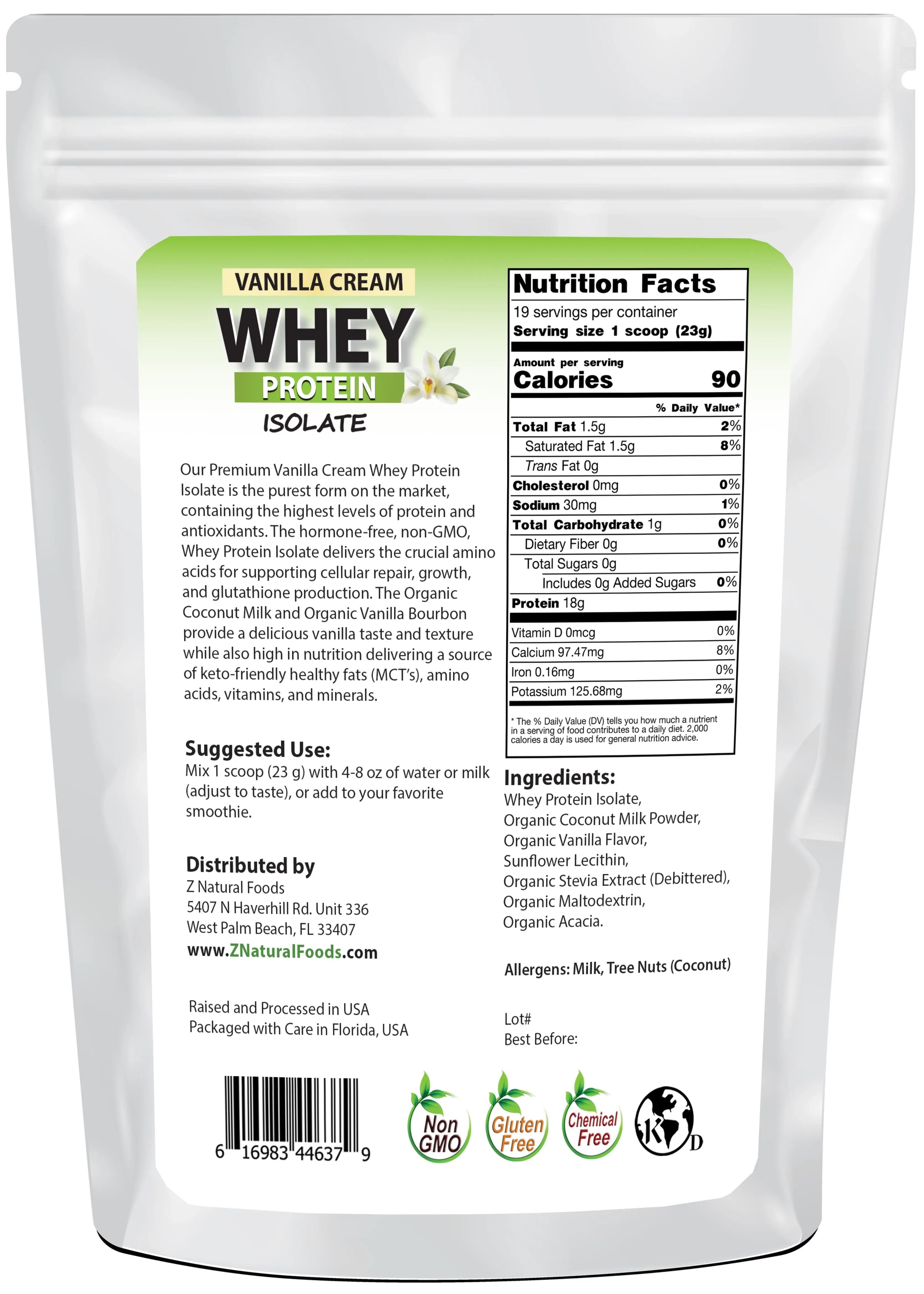 Photo of back of 1 lb bag of Vanilla Cream Whey Protein Isolate