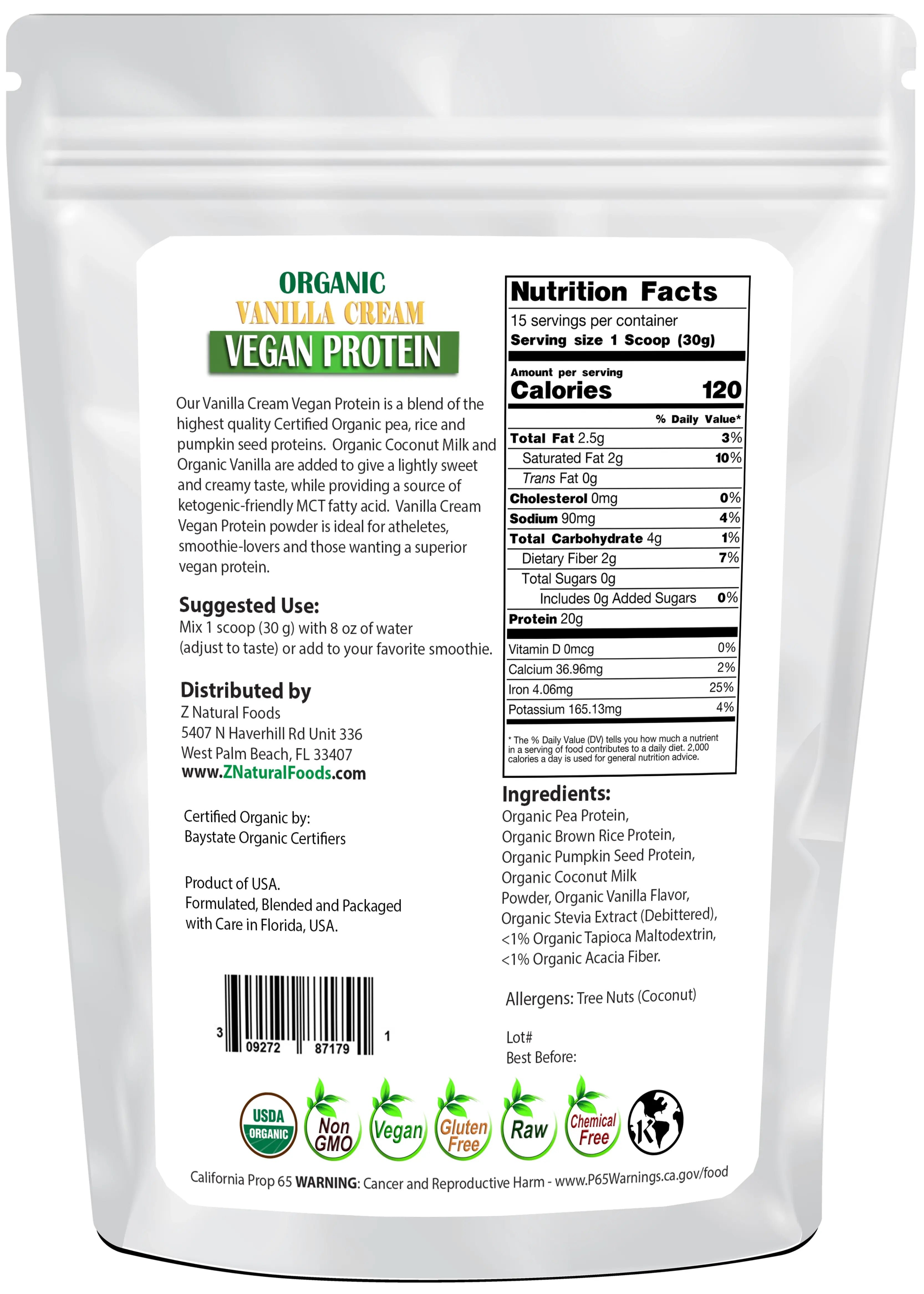 Photo of back of 1 lb bag of Vanilla Cream Vegan Protein