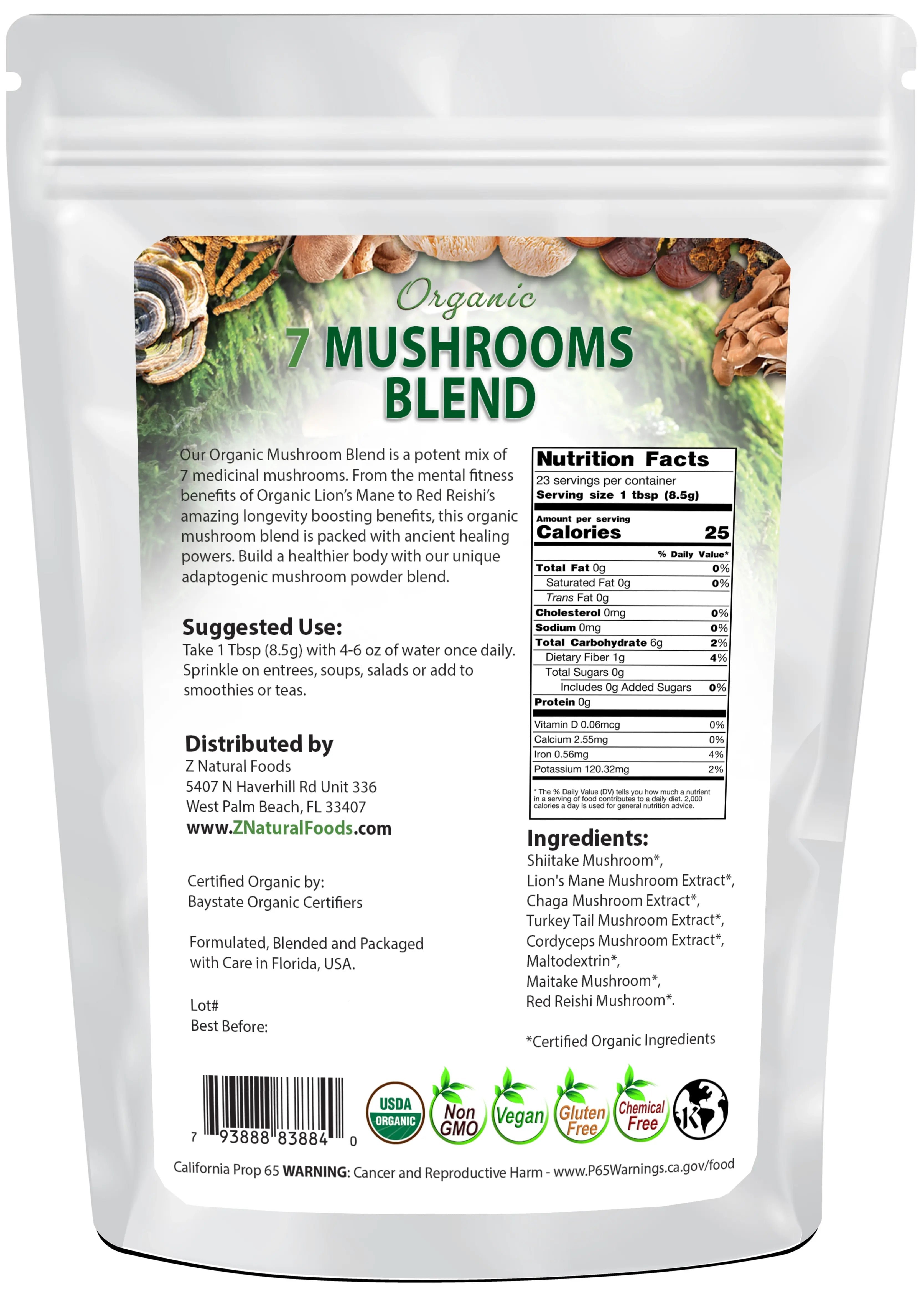 Photo of back of 7 oz bag of Organic 7 Mushrooms Blend