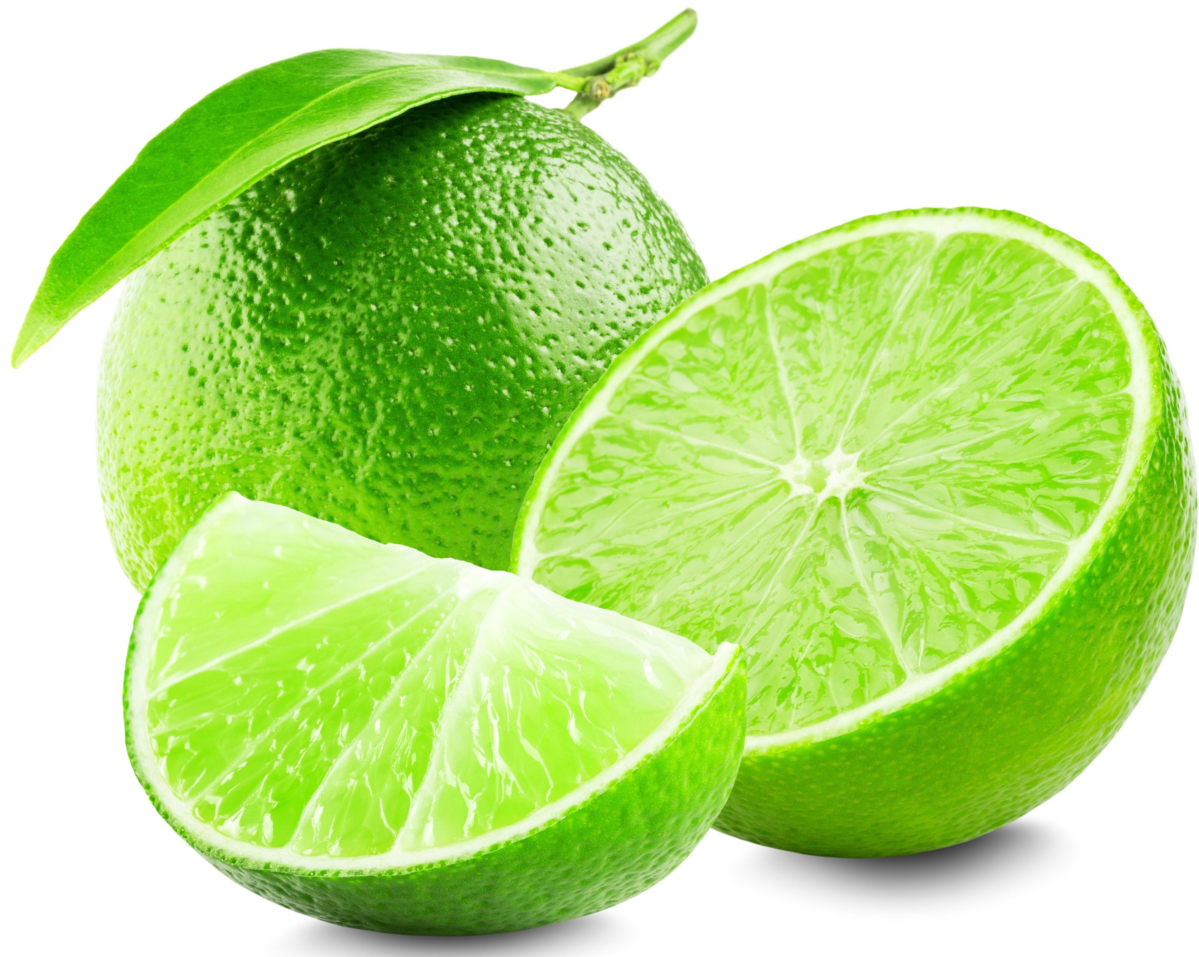 Image of half a lime, a quartered lime and a whole lime