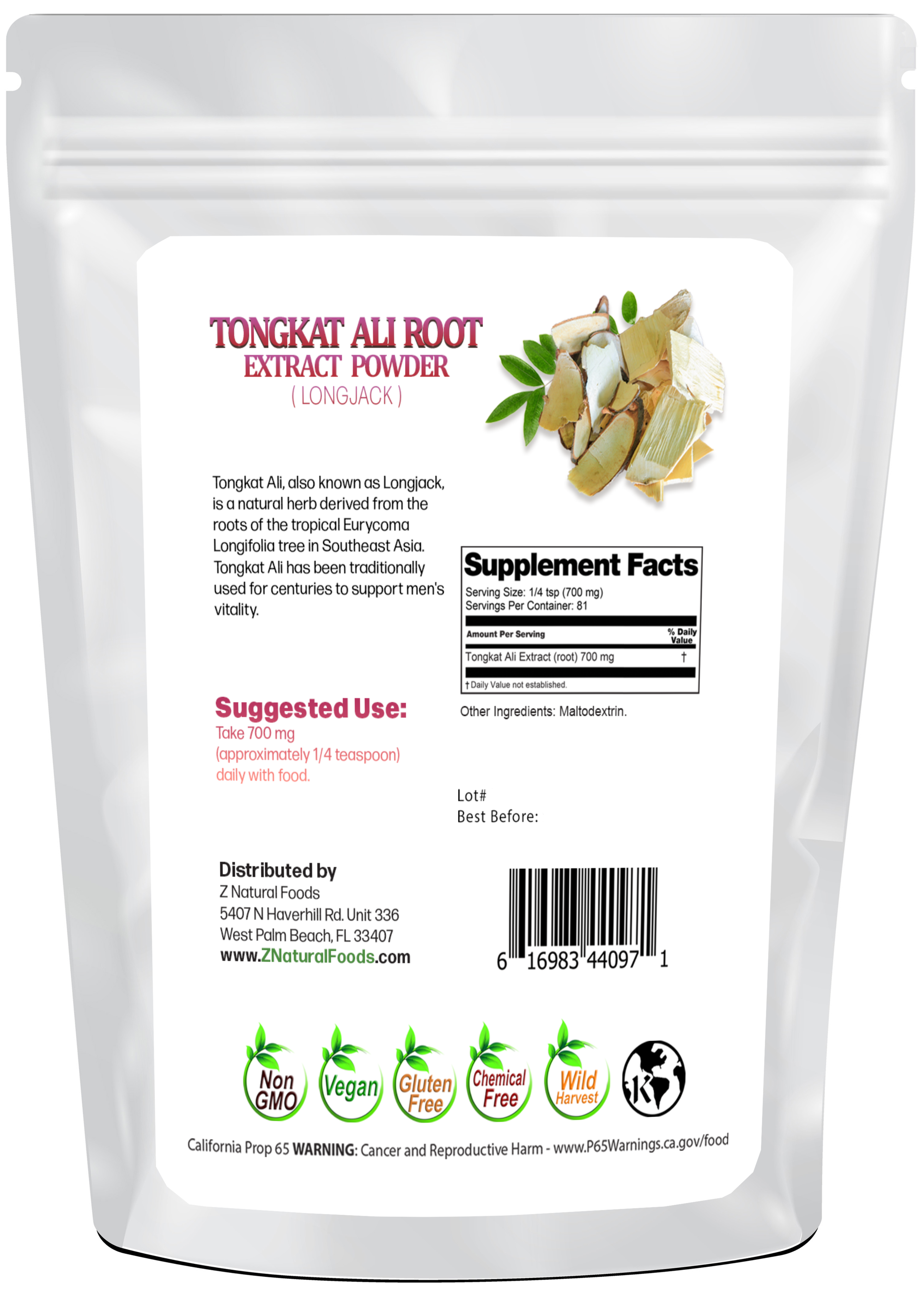 Photo of back of 2 oz bag of Tongkat Ali Root Extract Powder (Longjack)